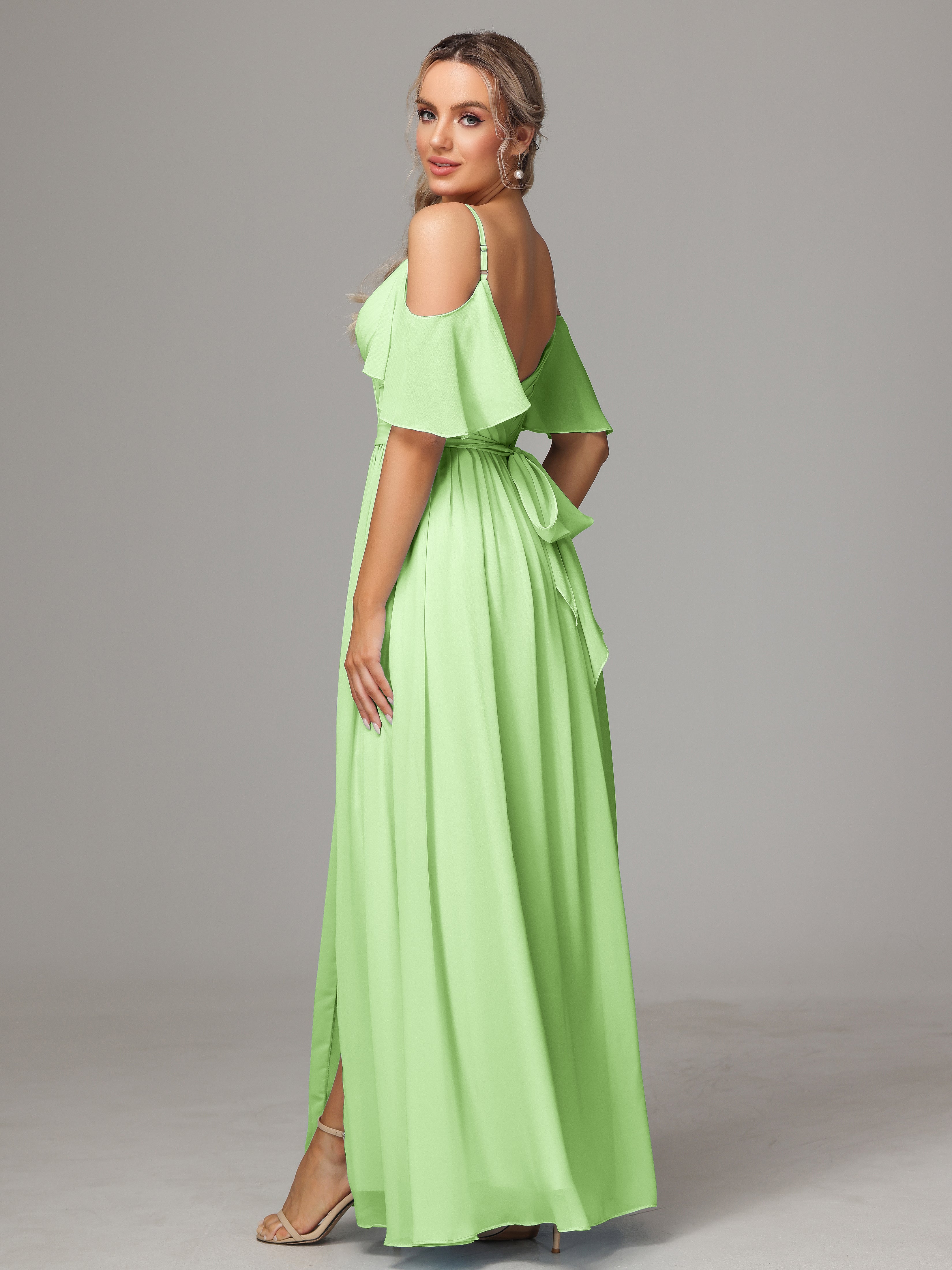 Off The Shoulder A Line Chiffon Bridesmaid Dress With Slit