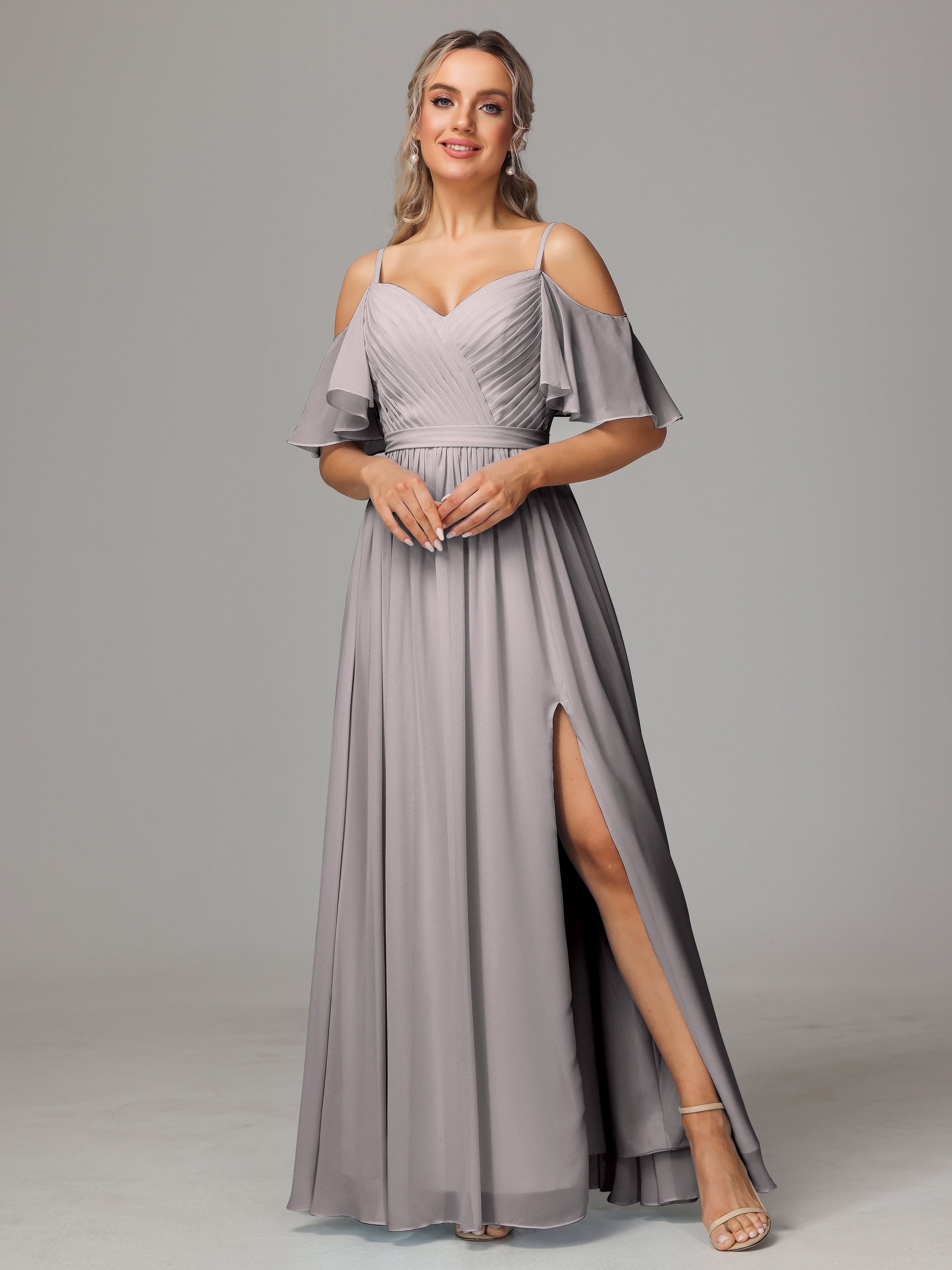 Off The Shoulder A Line Chiffon Bridesmaid Dress With Slit