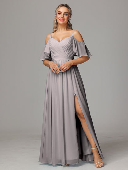 Off The Shoulder A Line Chiffon Bridesmaid Dress With Slit