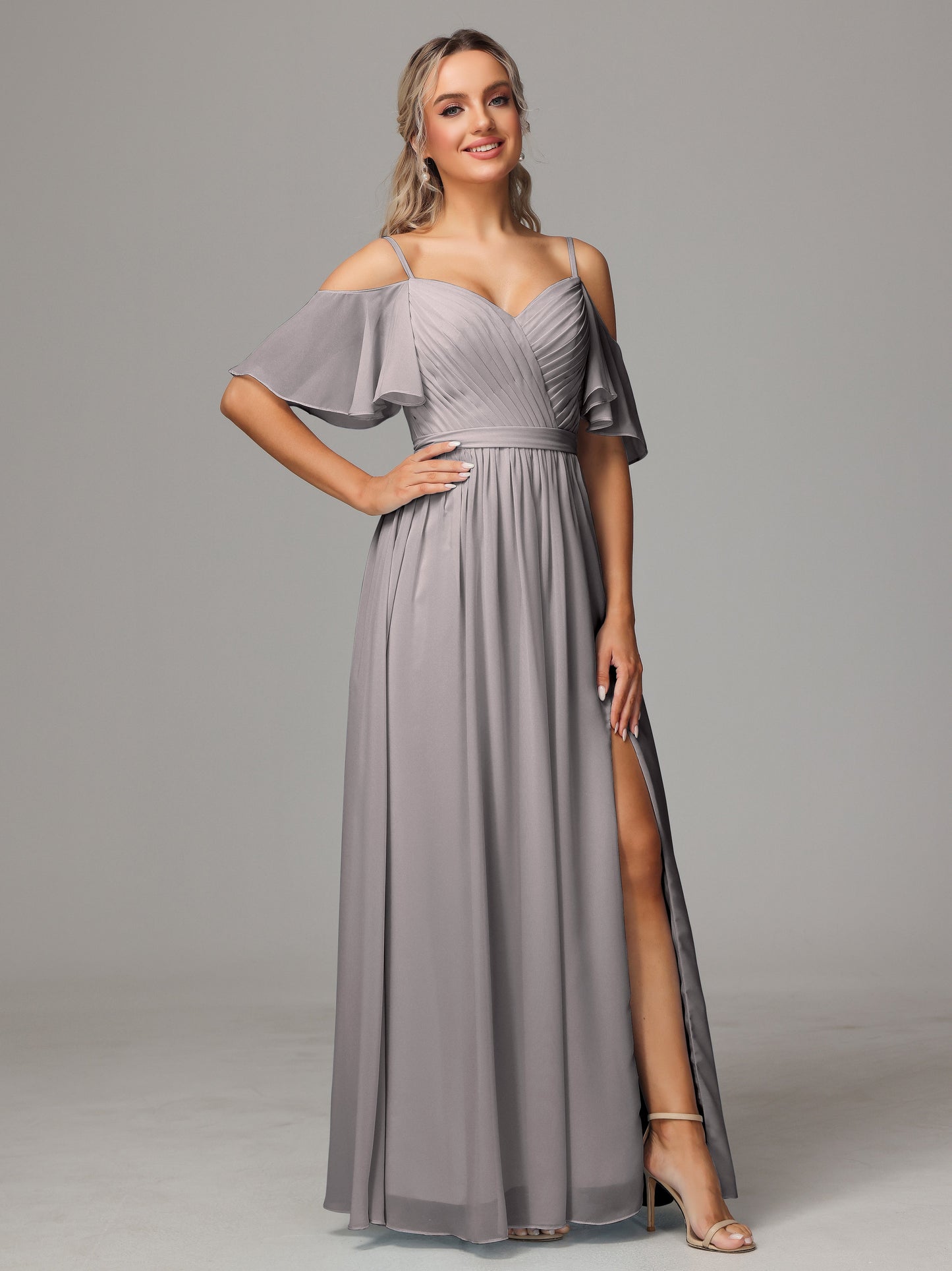 Off The Shoulder A Line Chiffon Bridesmaid Dress With Slit