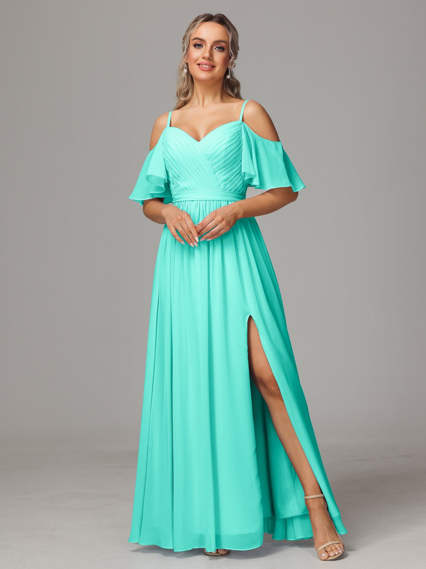Off The Shoulder A Line Chiffon Bridesmaid Dress With Slit