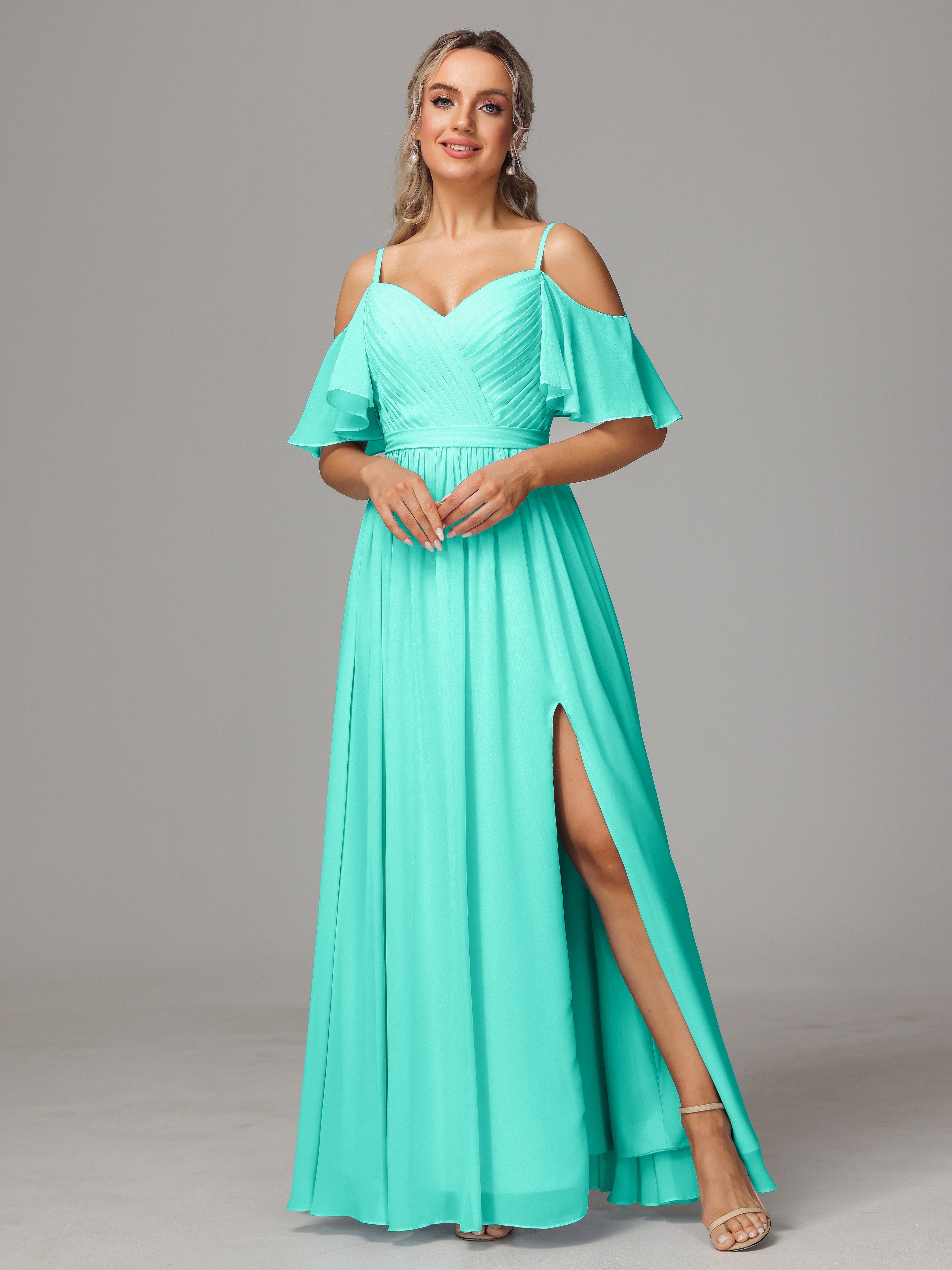 Off The Shoulder A Line Chiffon Bridesmaid Dress With Slit