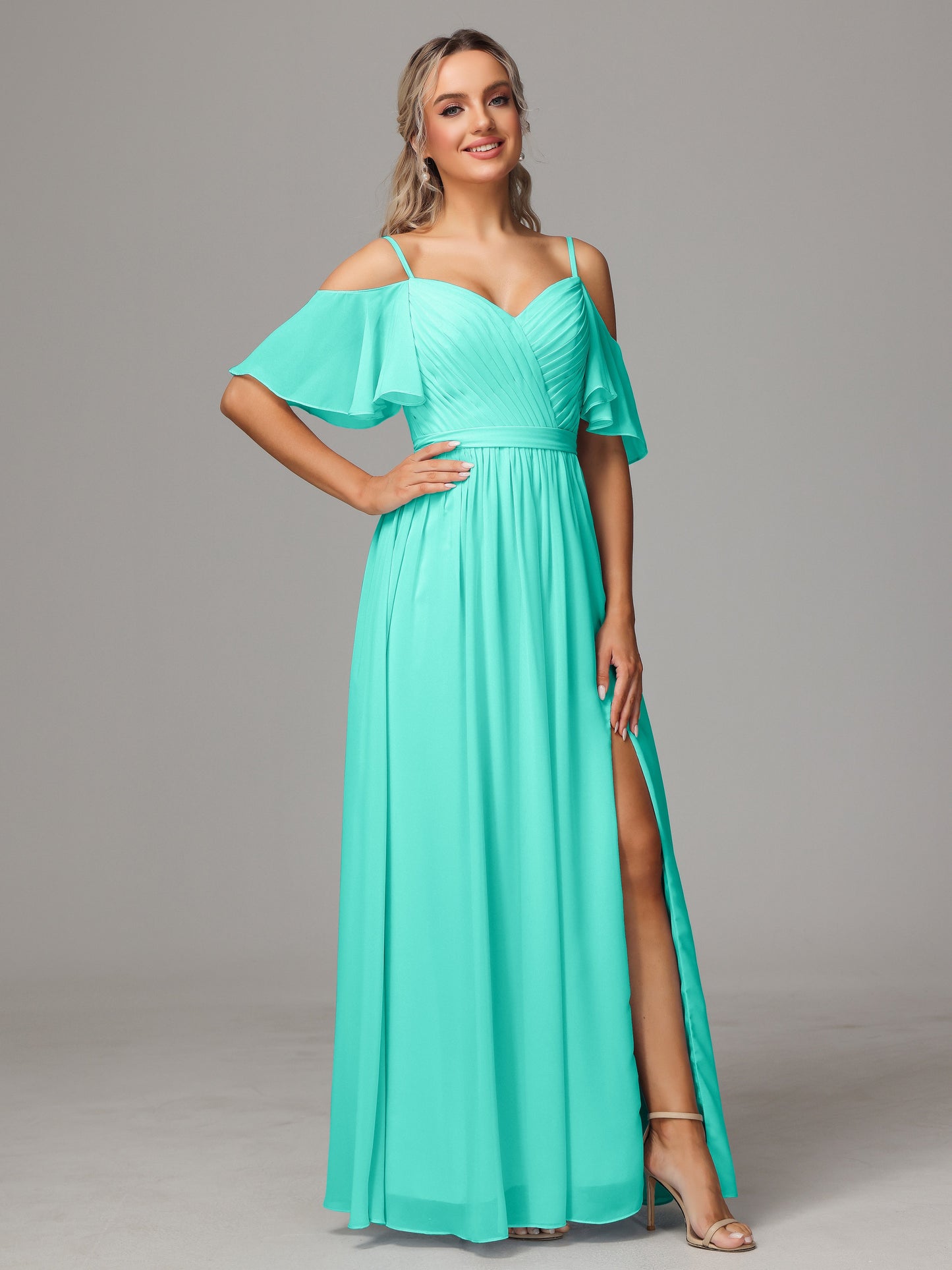 Off The Shoulder A Line Chiffon Bridesmaid Dress With Slit