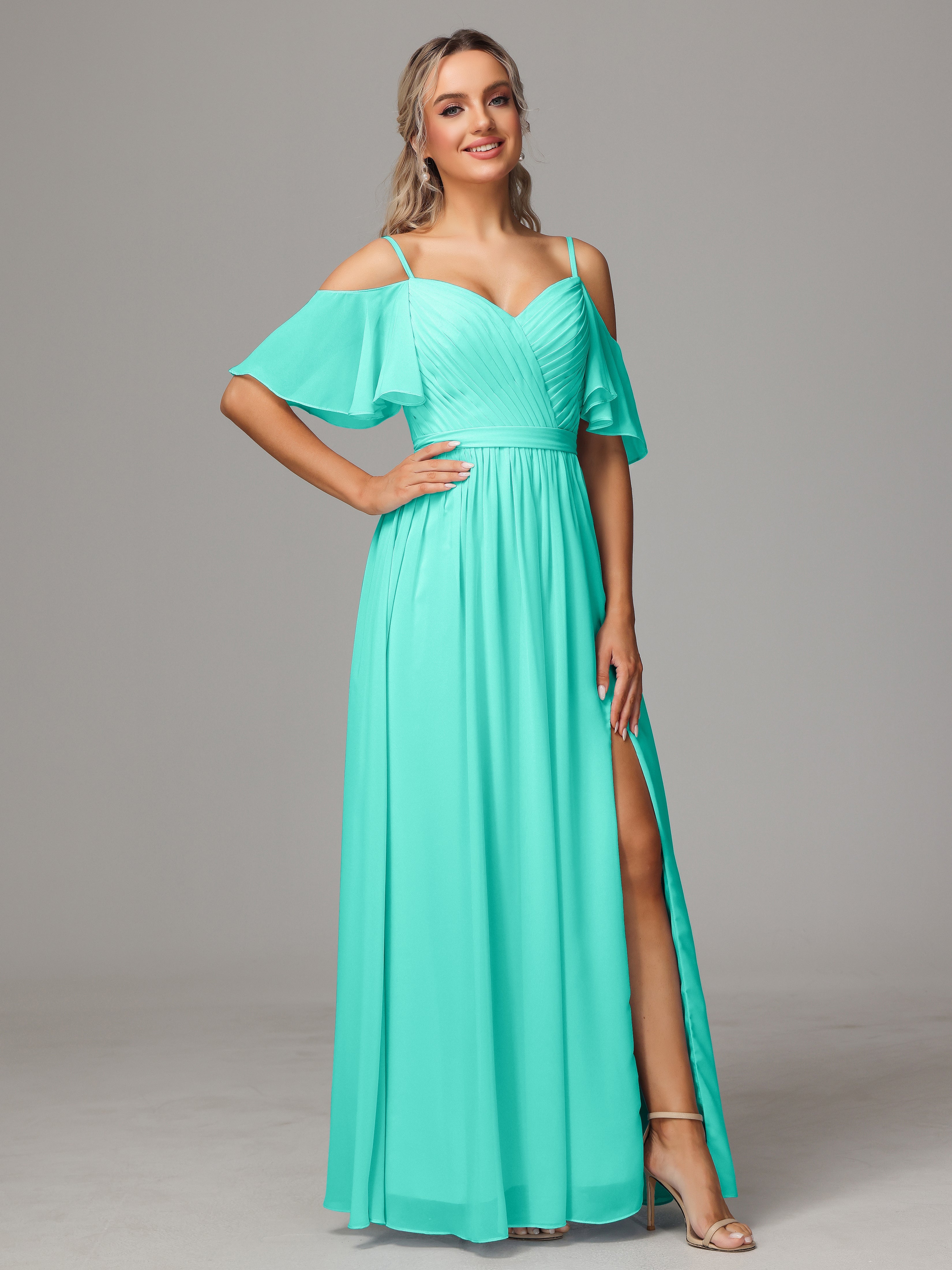 Off The Shoulder A Line Chiffon Bridesmaid Dress With Slit