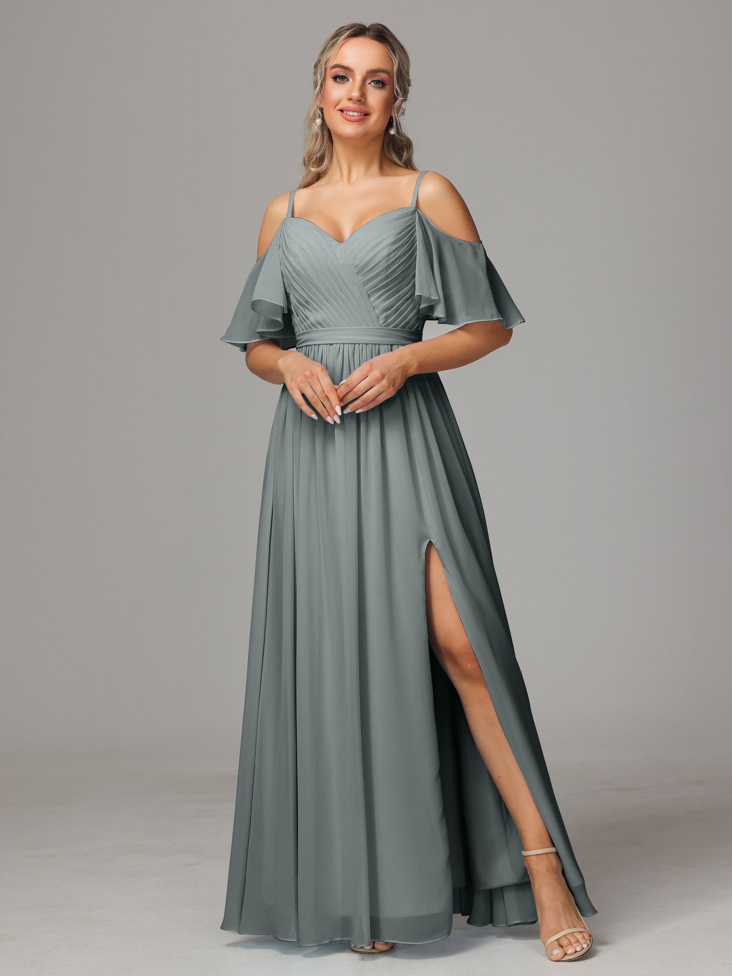 Off The Shoulder A Line Chiffon Bridesmaid Dress With Slit