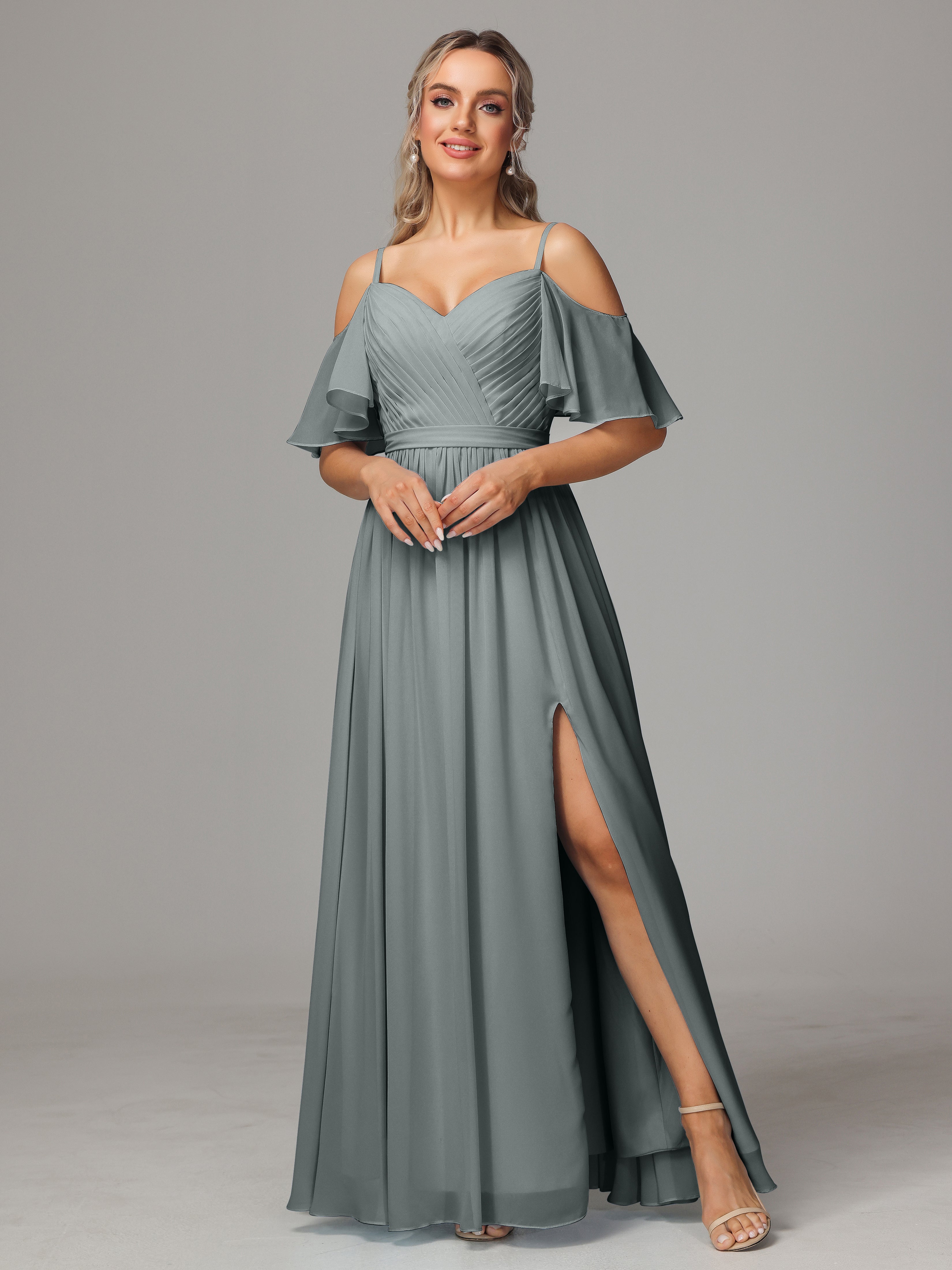 Off The Shoulder A Line Chiffon Bridesmaid Dress With Slit