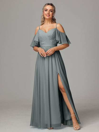Off The Shoulder A Line Chiffon Bridesmaid Dress With Slit
