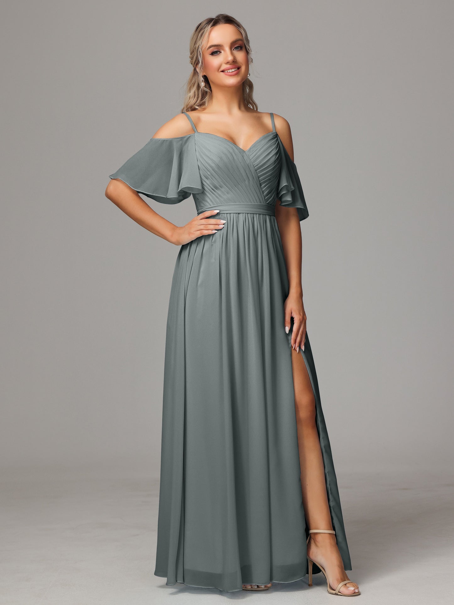 Off The Shoulder A Line Chiffon Bridesmaid Dress With Slit