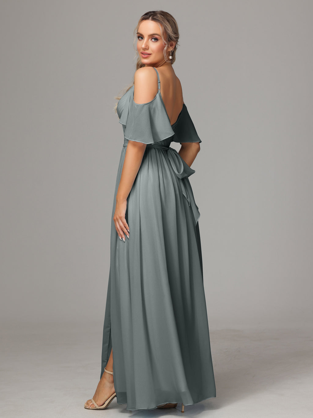 Off The Shoulder A Line Chiffon Bridesmaid Dress With Slit