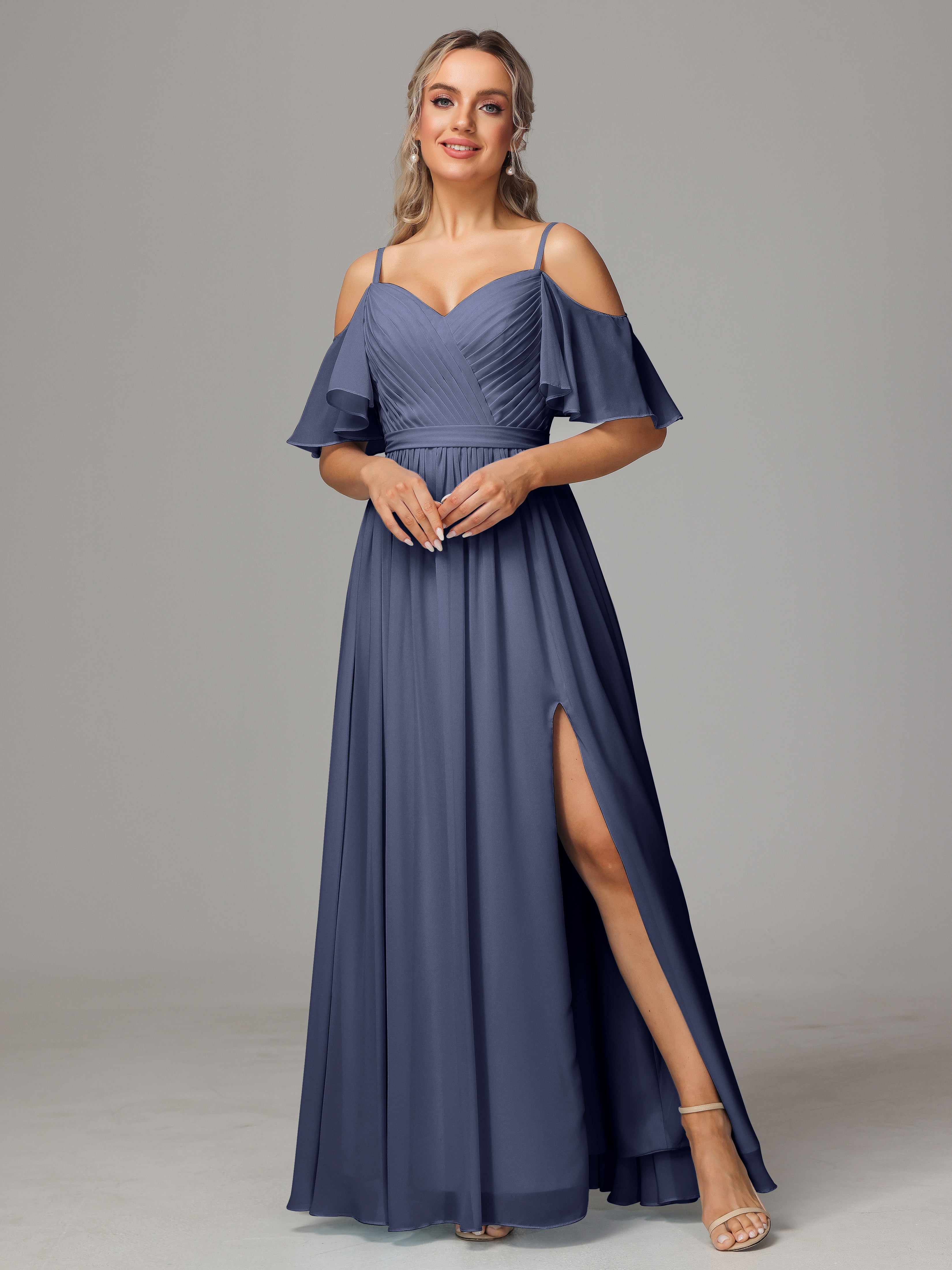 Off The Shoulder A Line Chiffon Bridesmaid Dress With Slit
