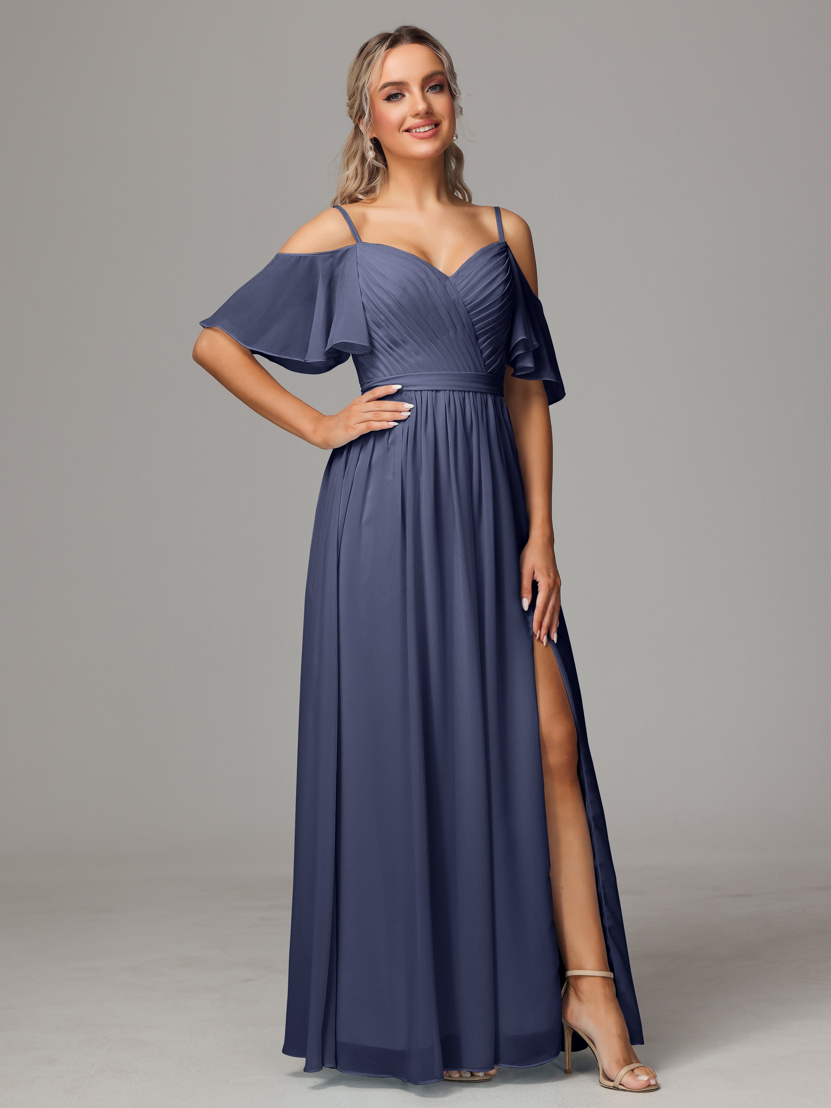 Off The Shoulder A Line Chiffon Bridesmaid Dress With Slit