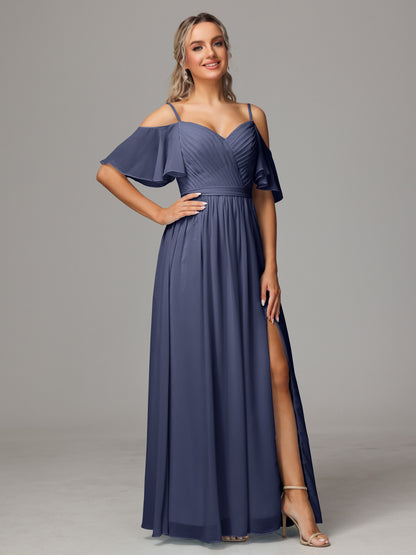 Off The Shoulder A Line Chiffon Bridesmaid Dress With Slit