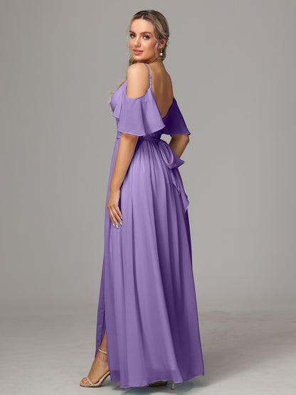 Off The Shoulder A Line Chiffon Bridesmaid Dress With Slit