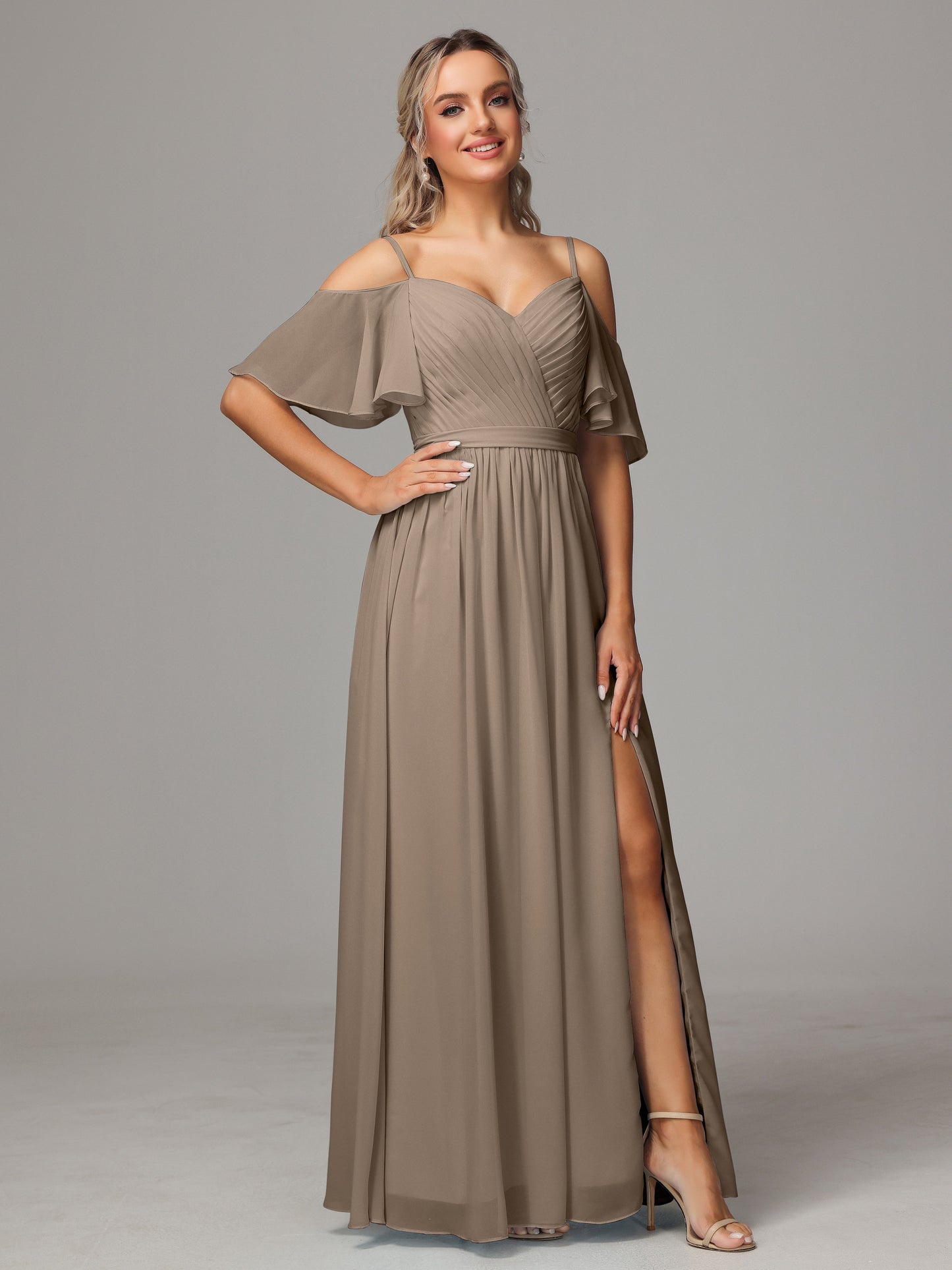 Off The Shoulder A Line Chiffon Bridesmaid Dress With Slit