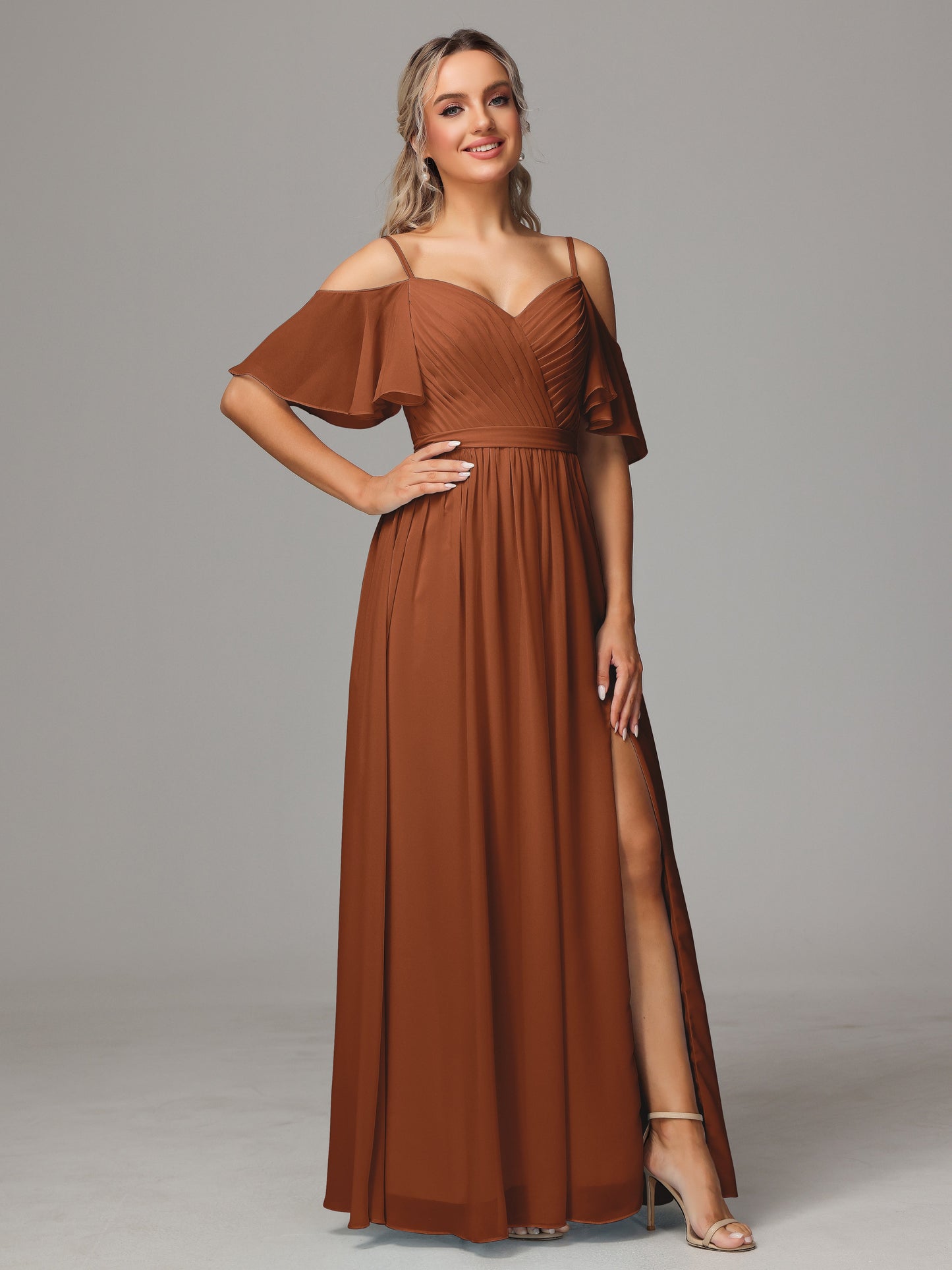 Off The Shoulder A Line Chiffon Bridesmaid Dress With Slit