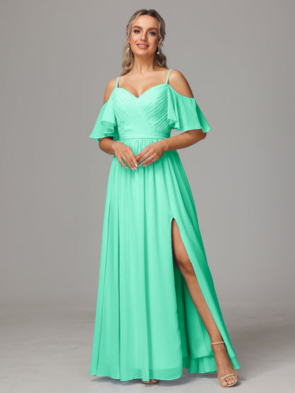 Off The Shoulder A Line Chiffon Bridesmaid Dress With Slit