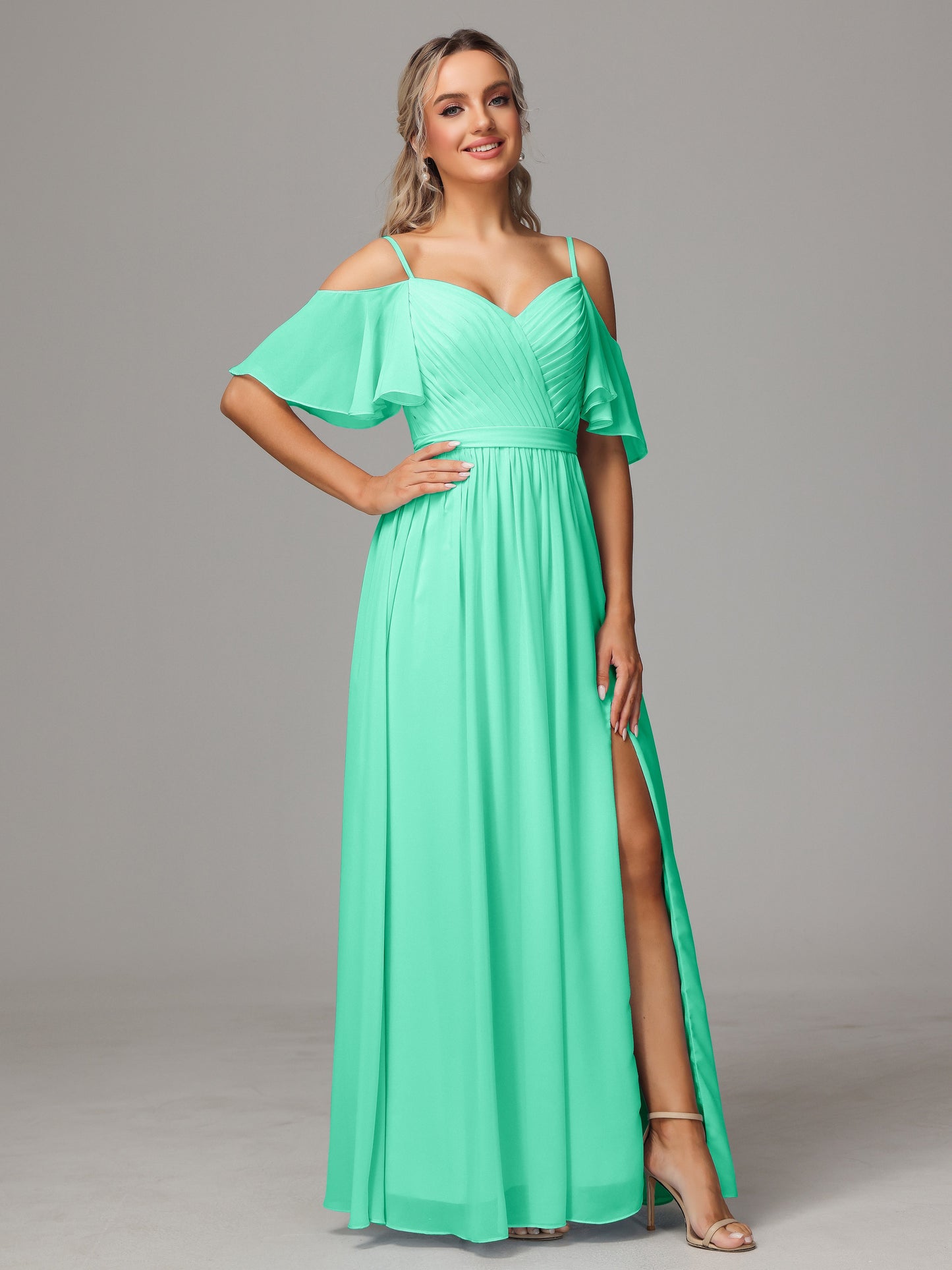 Off The Shoulder A Line Chiffon Bridesmaid Dress With Slit