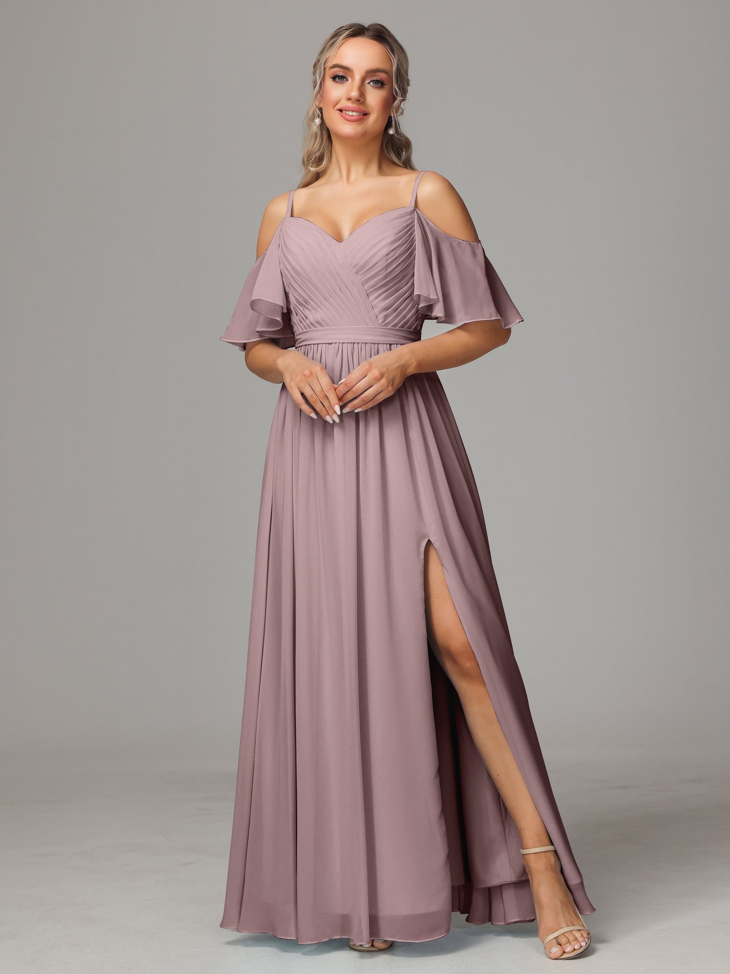 Off The Shoulder A Line Chiffon Bridesmaid Dress With Slit