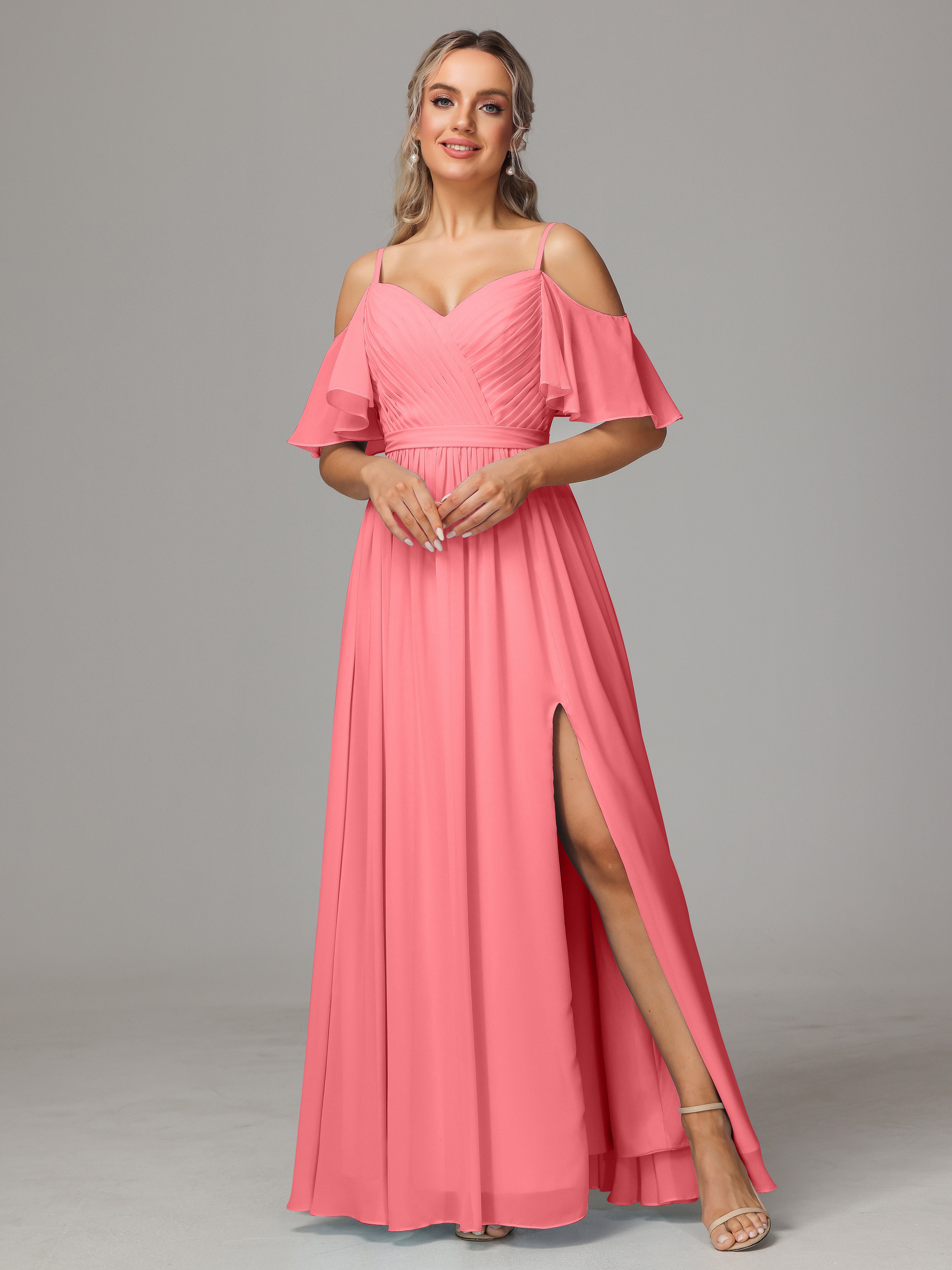 Off The Shoulder A Line Chiffon Bridesmaid Dress With Slit