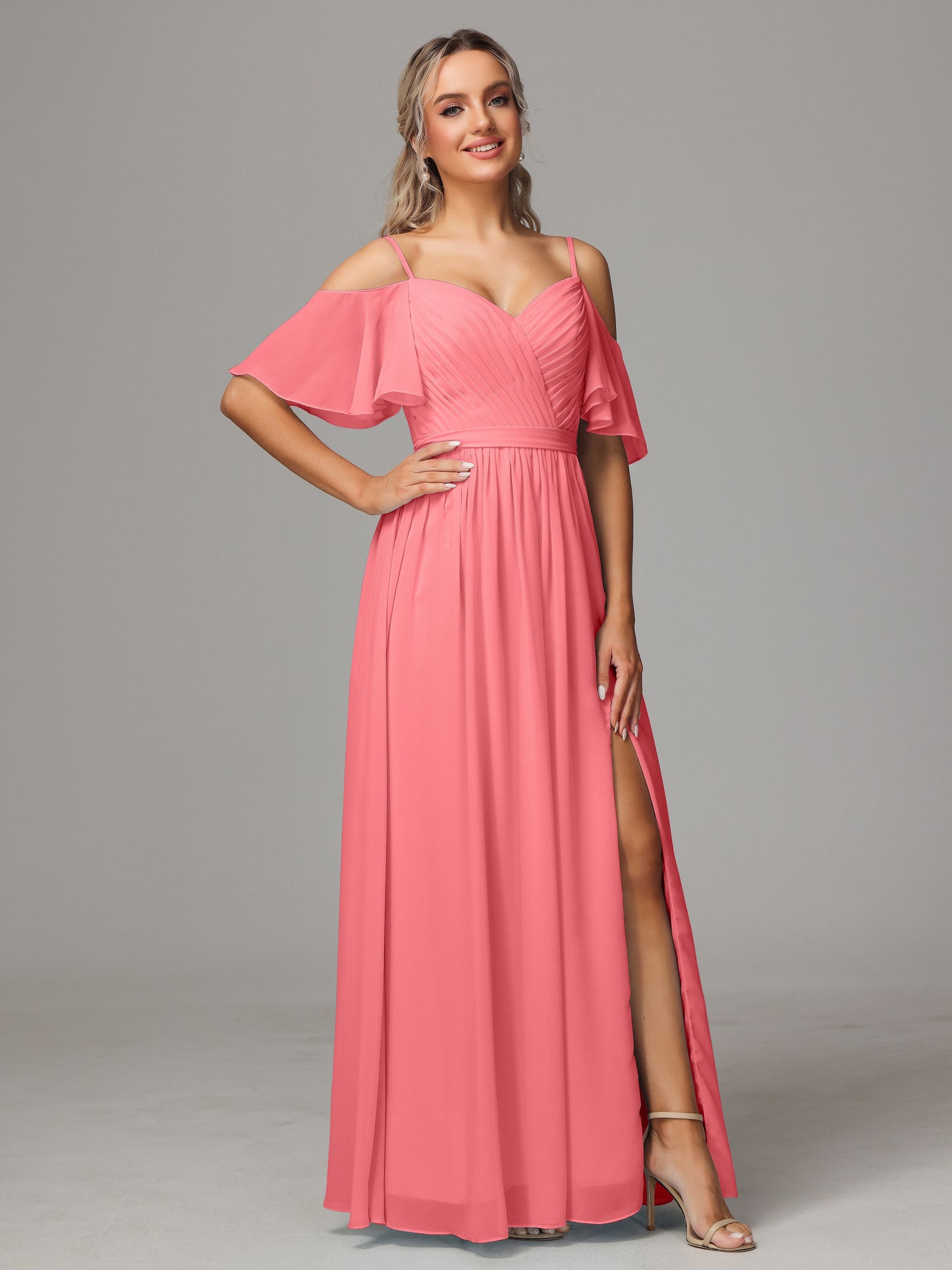 Off The Shoulder A Line Chiffon Bridesmaid Dress With Slit