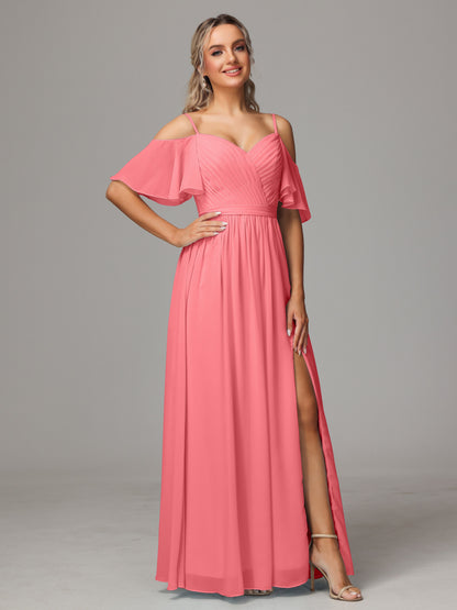 Off The Shoulder A Line Chiffon Bridesmaid Dress With Slit
