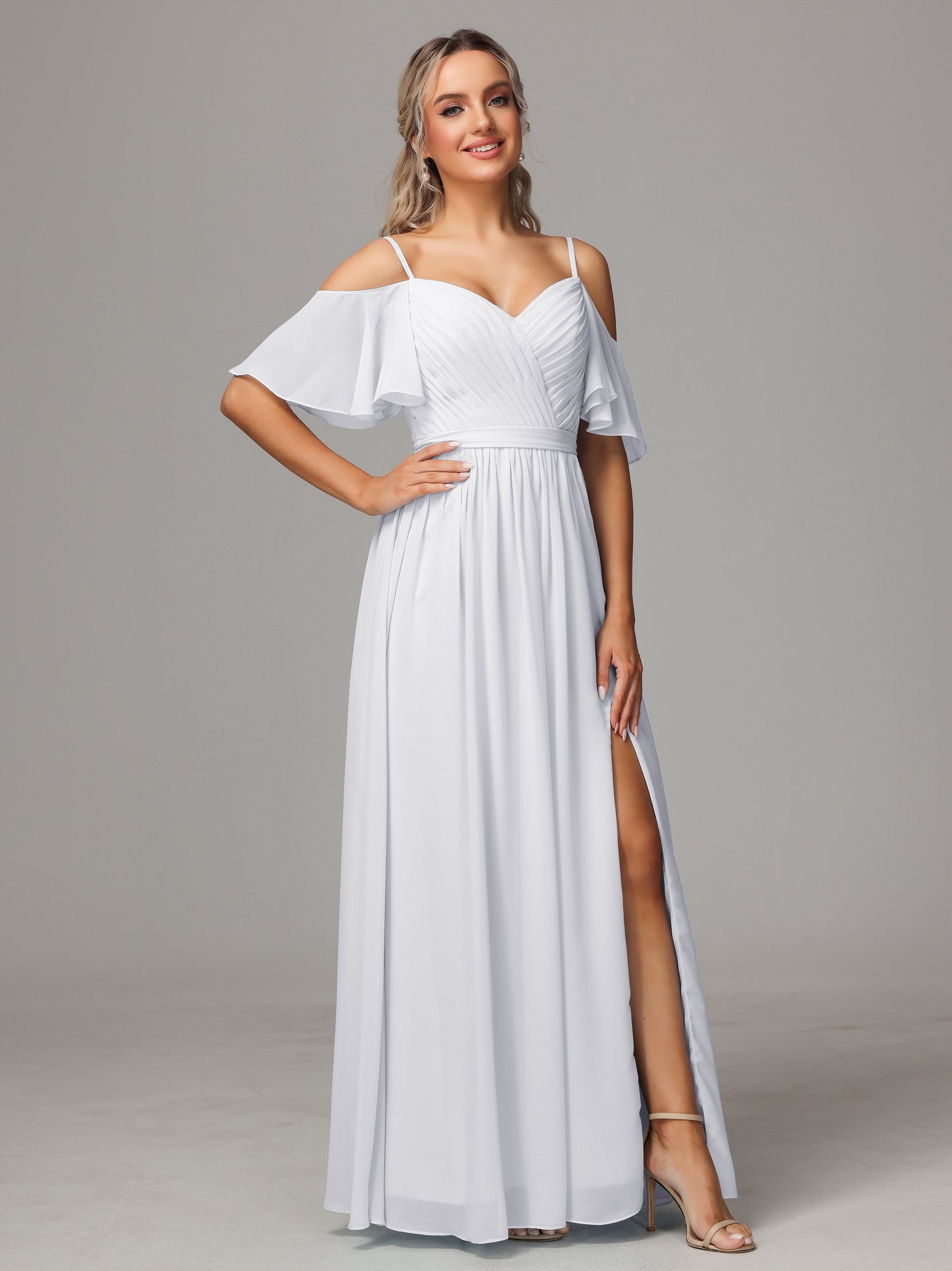 Off The Shoulder A Line Chiffon Bridesmaid Dress With Slit