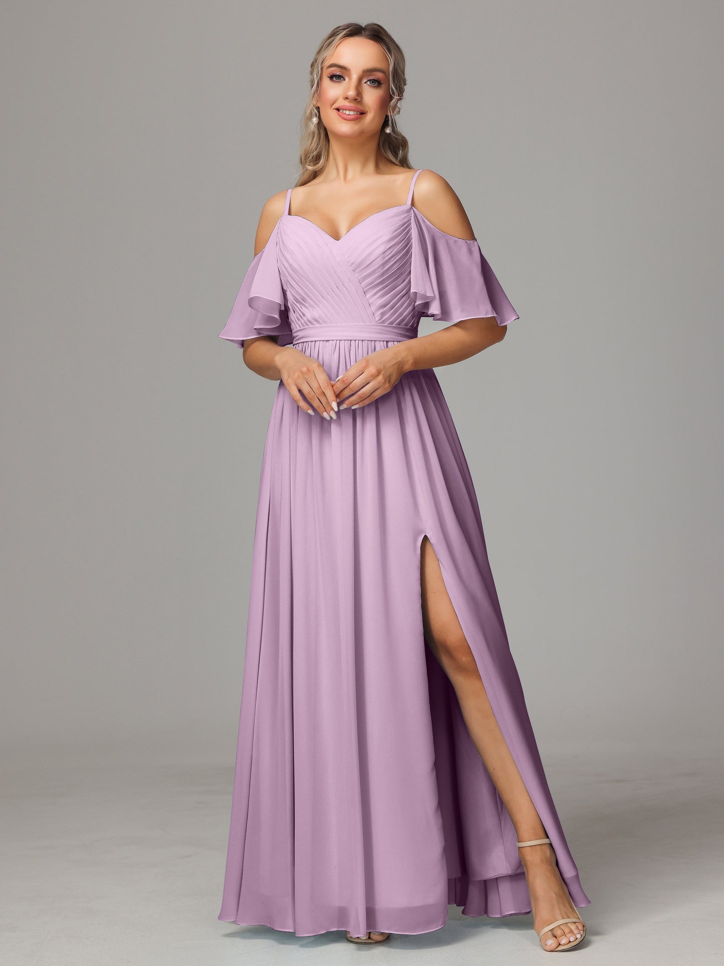 Off The Shoulder A Line Chiffon Bridesmaid Dress With Slit