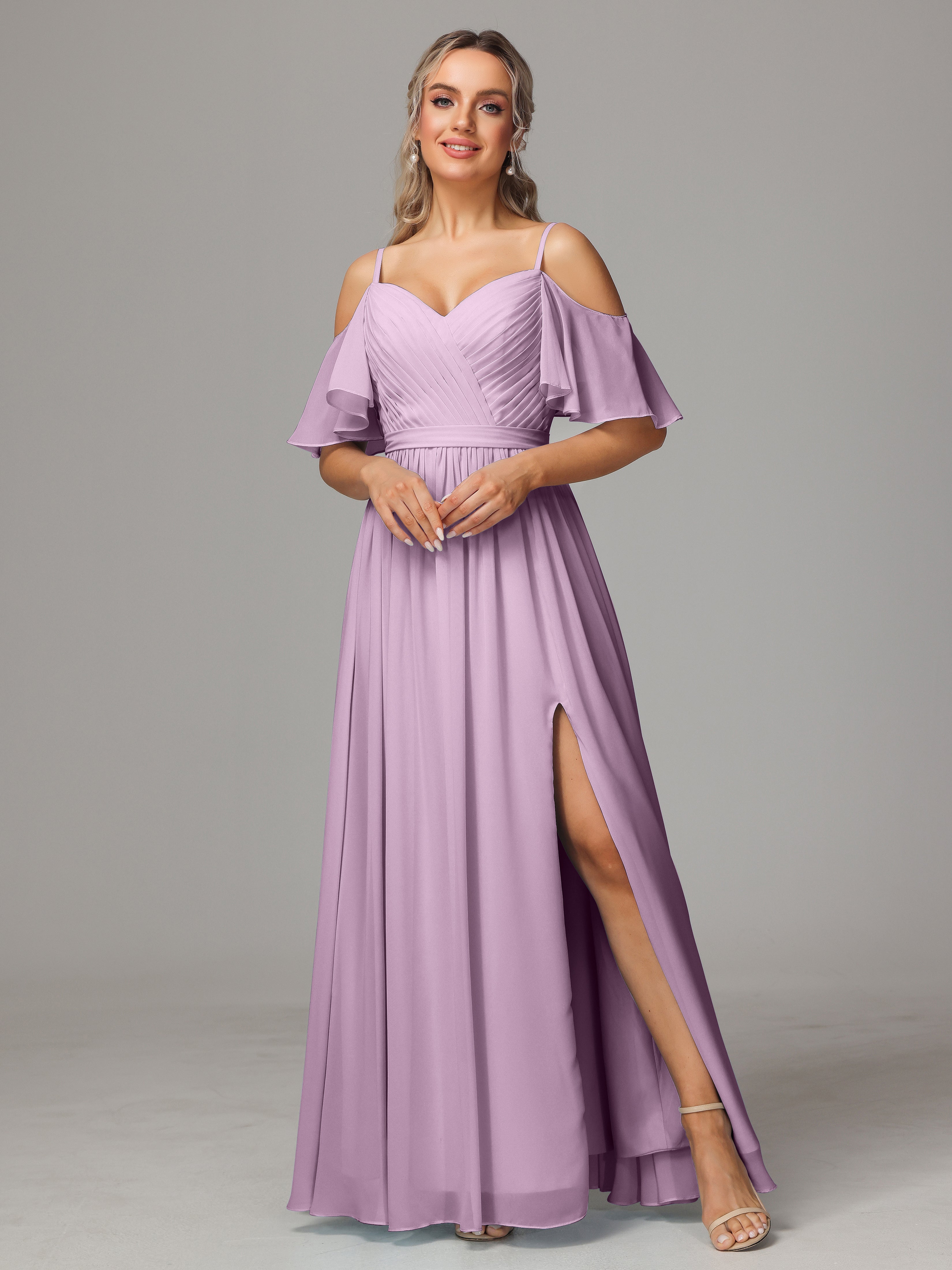 Off The Shoulder A Line Chiffon Bridesmaid Dress With Slit