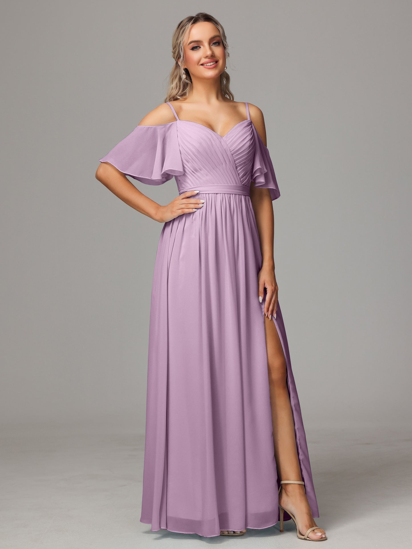 Off The Shoulder A Line Chiffon Bridesmaid Dress With Slit