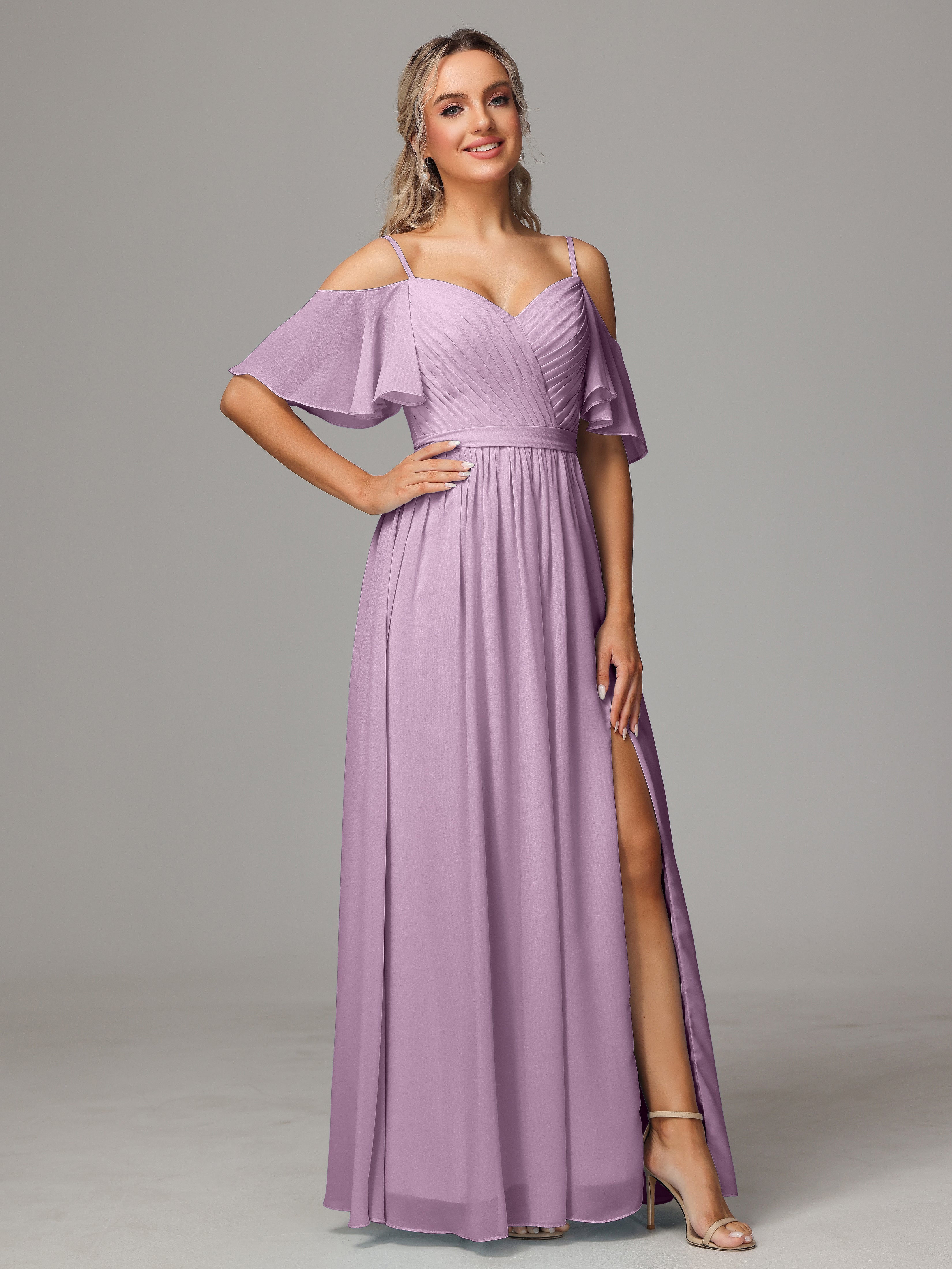 Off The Shoulder A Line Chiffon Bridesmaid Dress With Slit