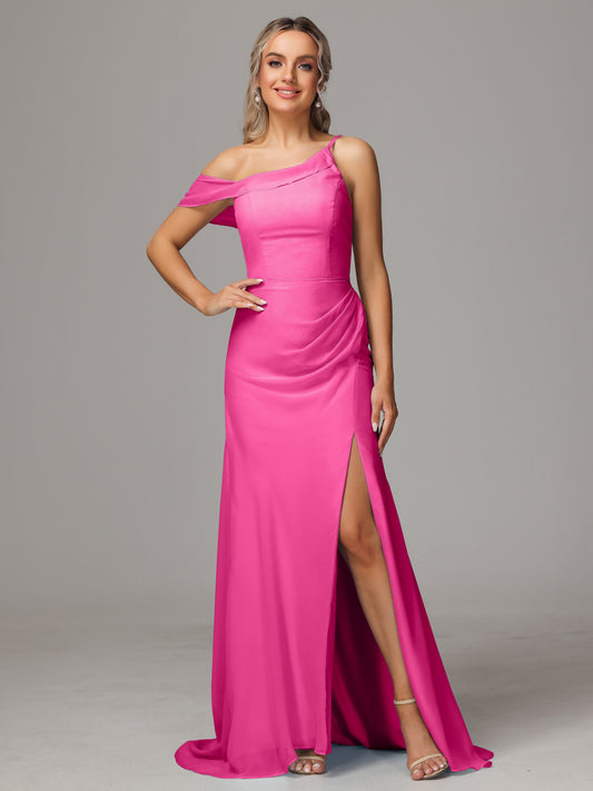 Sheath One Shoulder with Slit Chiffon Bridesmaid Dress