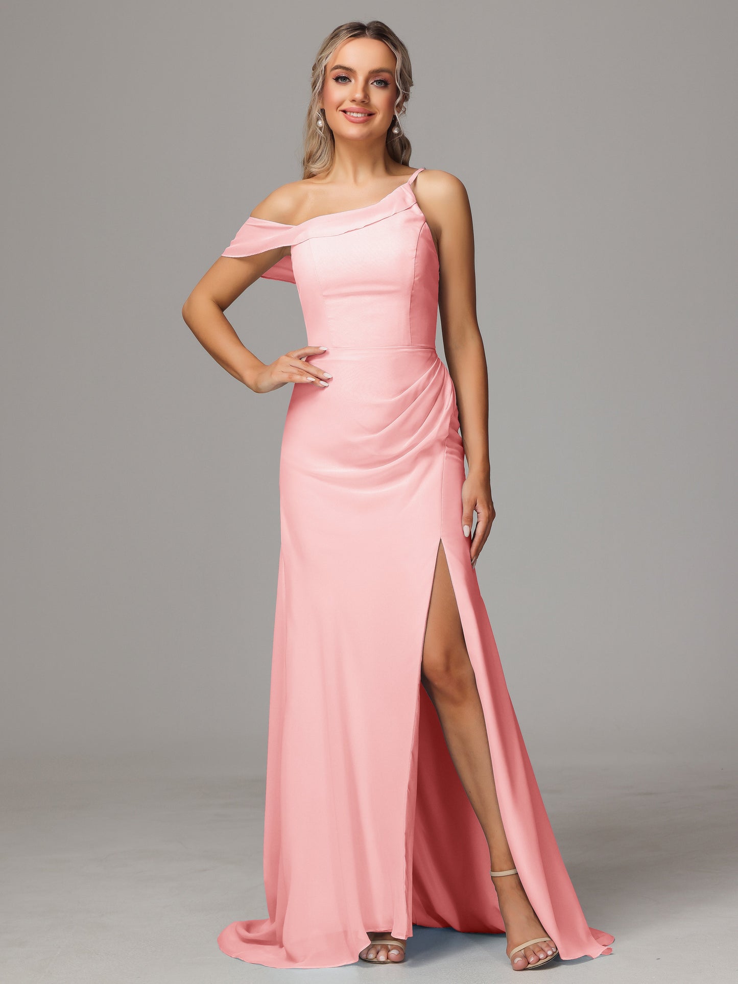 Sheath One Shoulder with Slit Chiffon Bridesmaid Dress