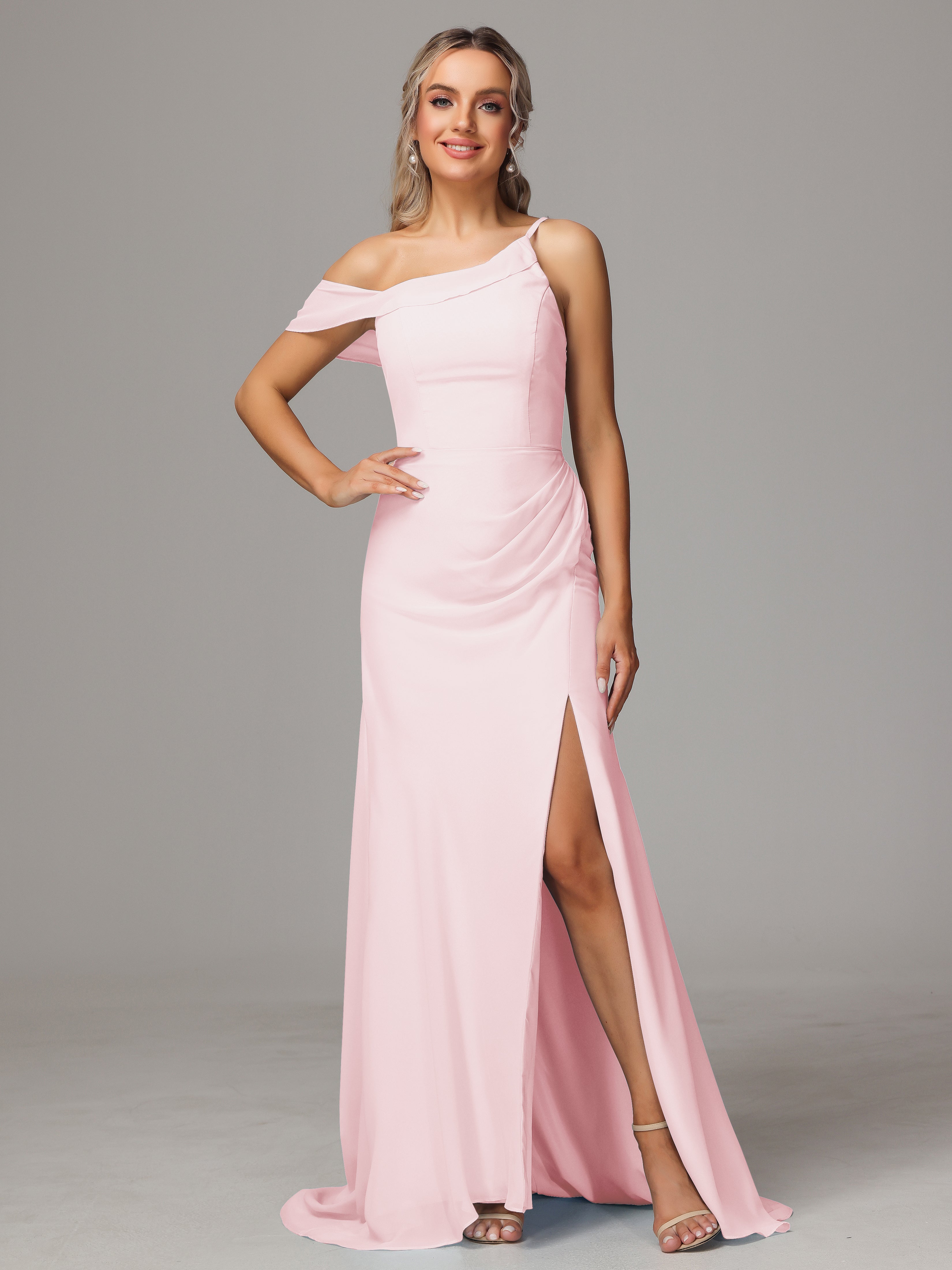 Sheath One Shoulder with Slit Chiffon Bridesmaid Dress