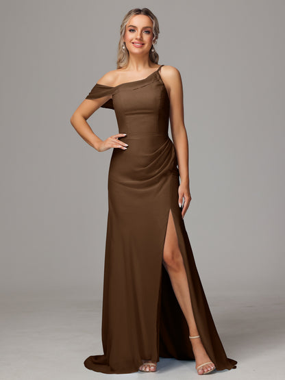 Sheath One Shoulder with Slit Chiffon Bridesmaid Dress