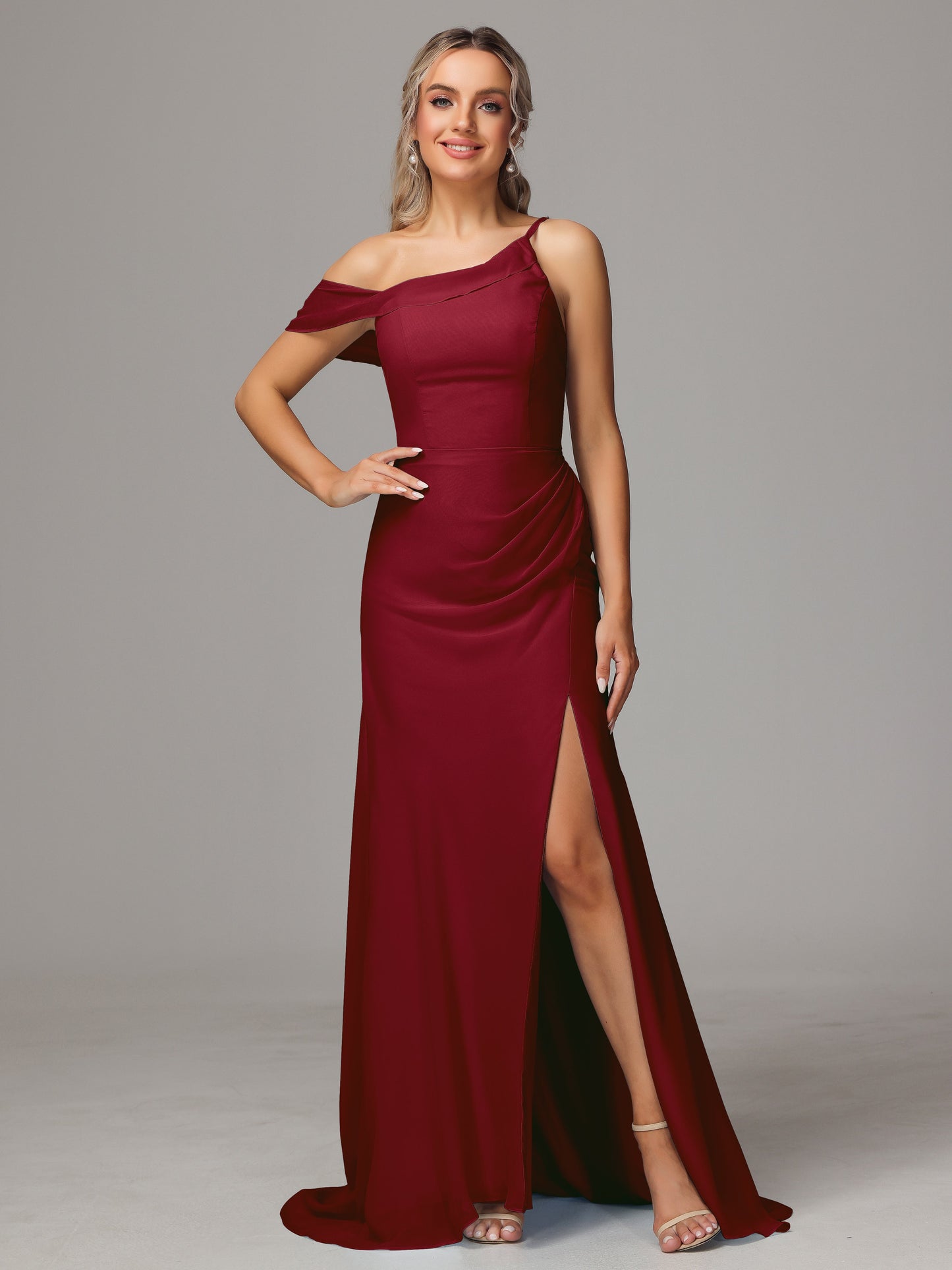 Sheath One Shoulder with Slit Chiffon Bridesmaid Dress