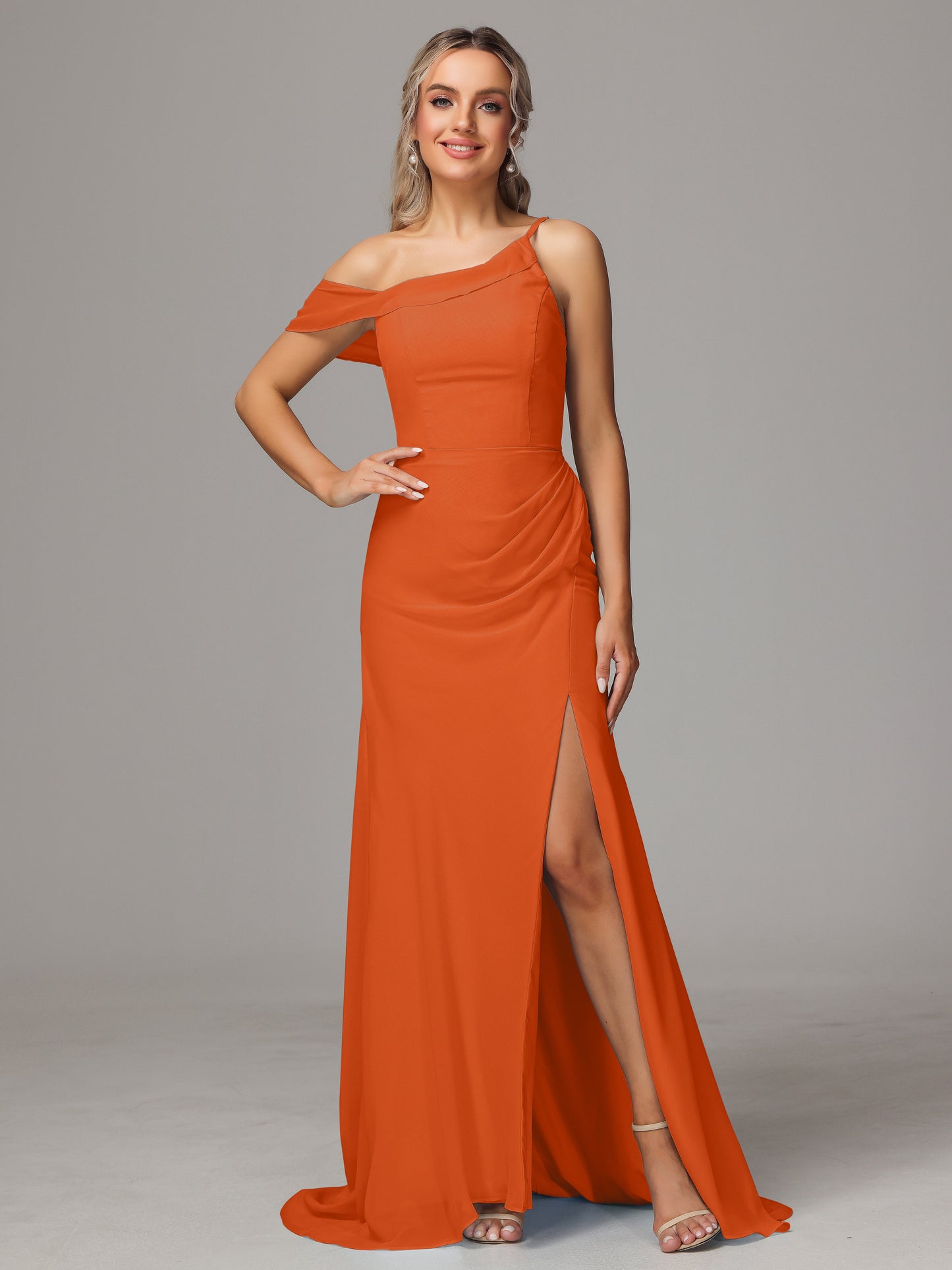 Sheath One Shoulder with Slit Chiffon Bridesmaid Dress