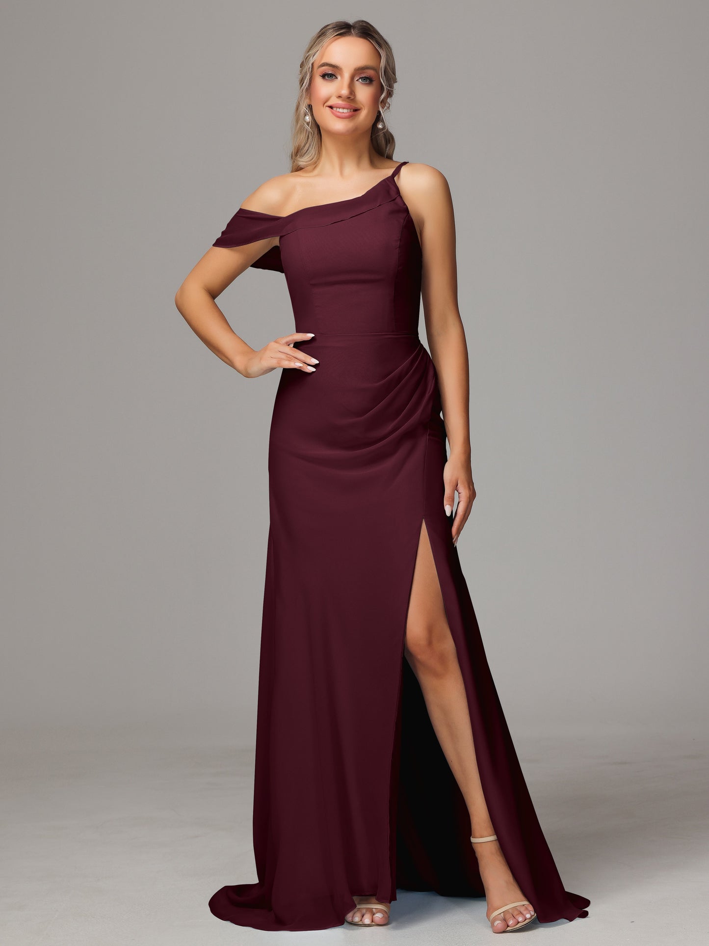 Sheath One Shoulder with Slit Chiffon Bridesmaid Dress