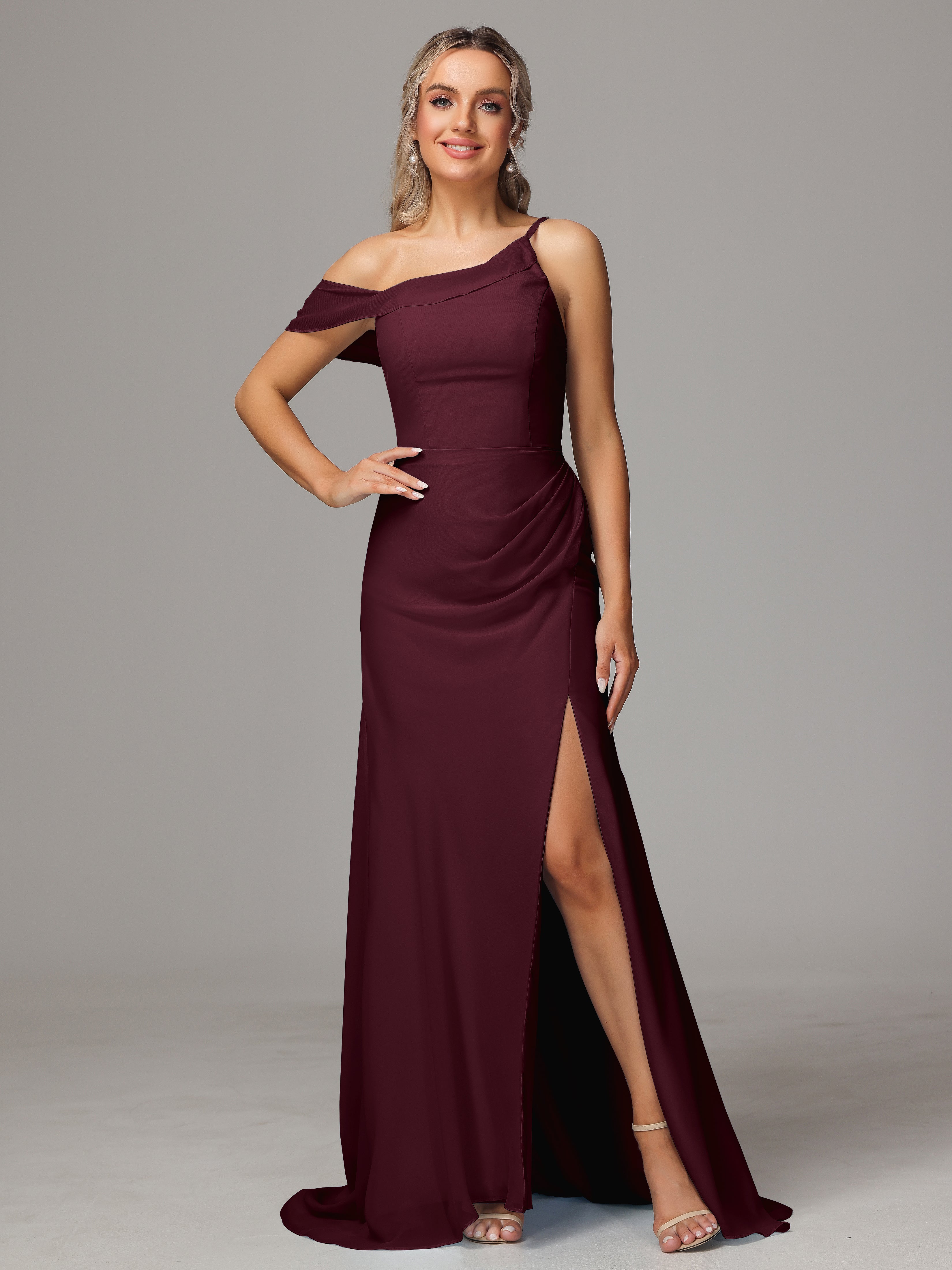 Sheath One Shoulder with Slit Chiffon Bridesmaid Dress