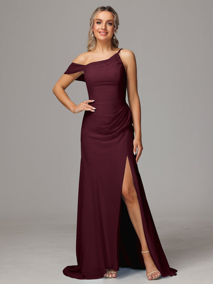 Sheath One Shoulder with Slit Chiffon Bridesmaid Dress