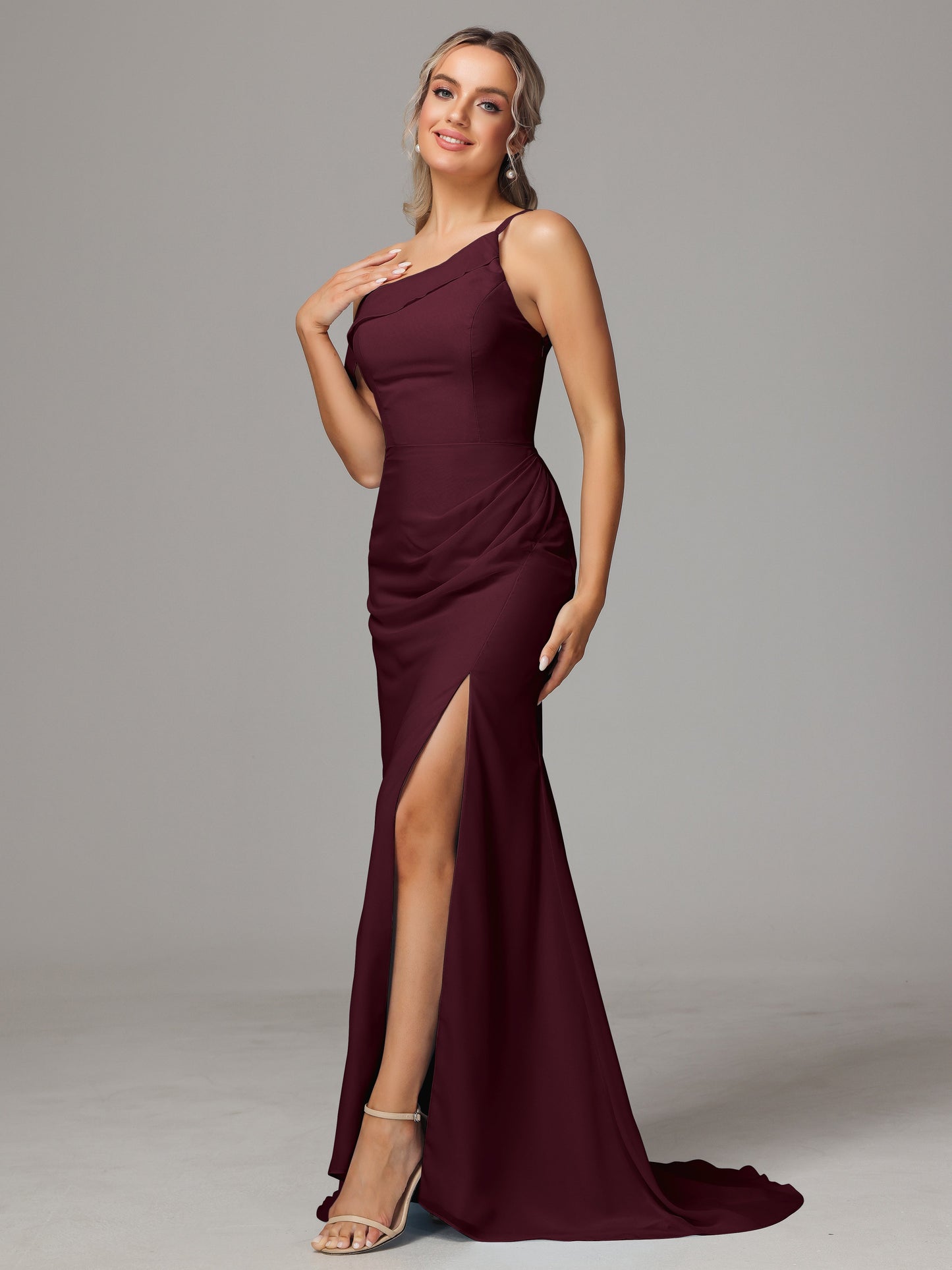 Sheath One Shoulder with Slit Chiffon Bridesmaid Dress