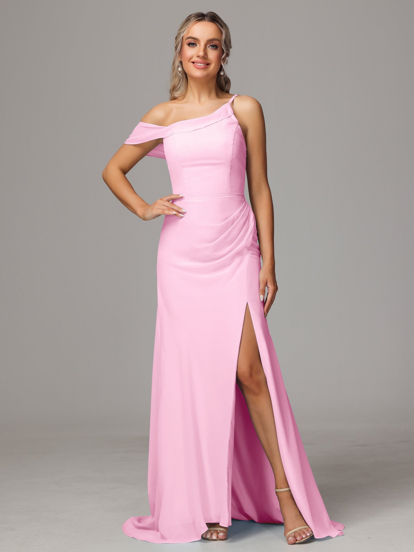 Sheath One Shoulder with Slit Chiffon Bridesmaid Dress