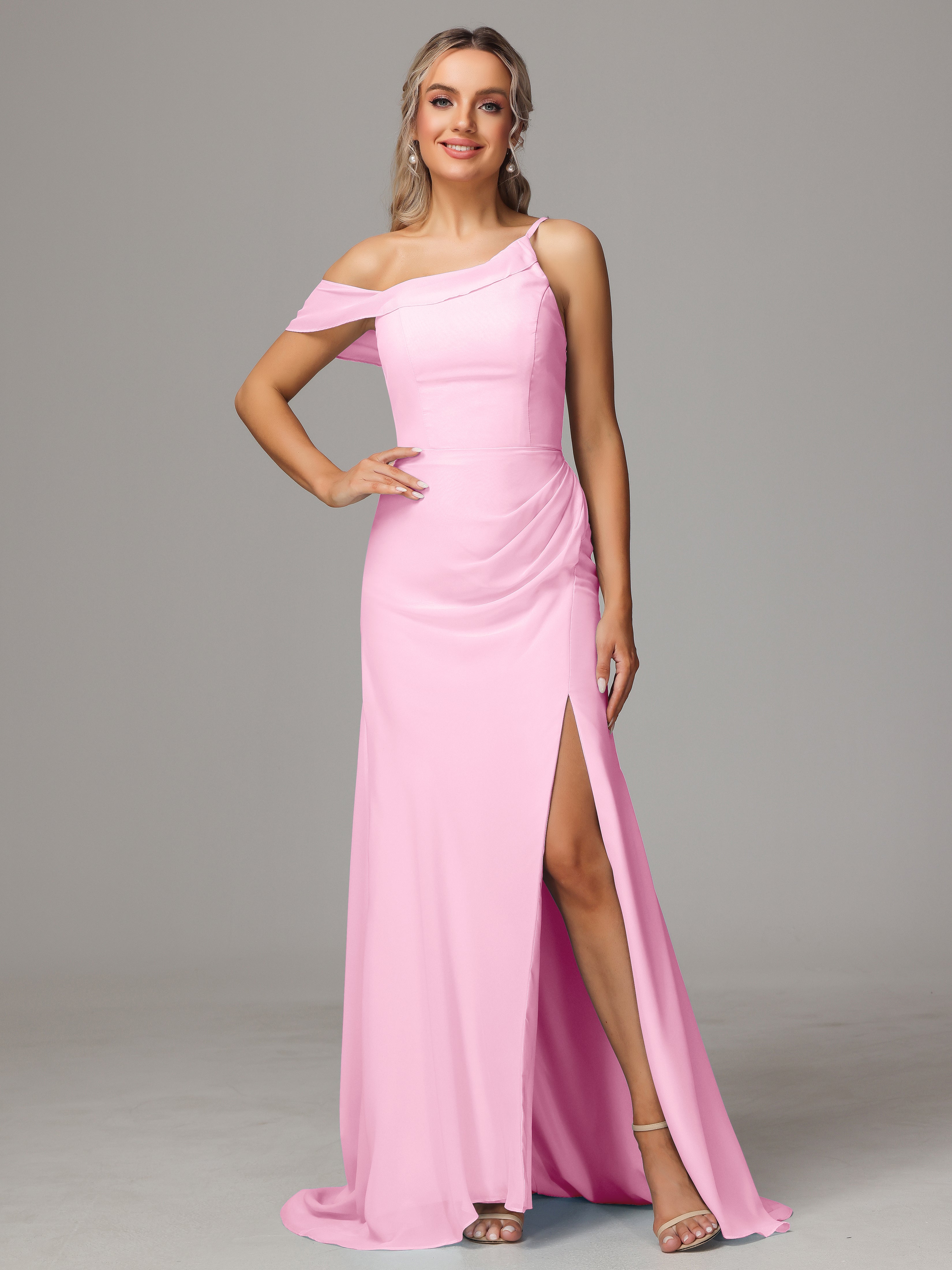 Sheath One Shoulder with Slit Chiffon Bridesmaid Dress