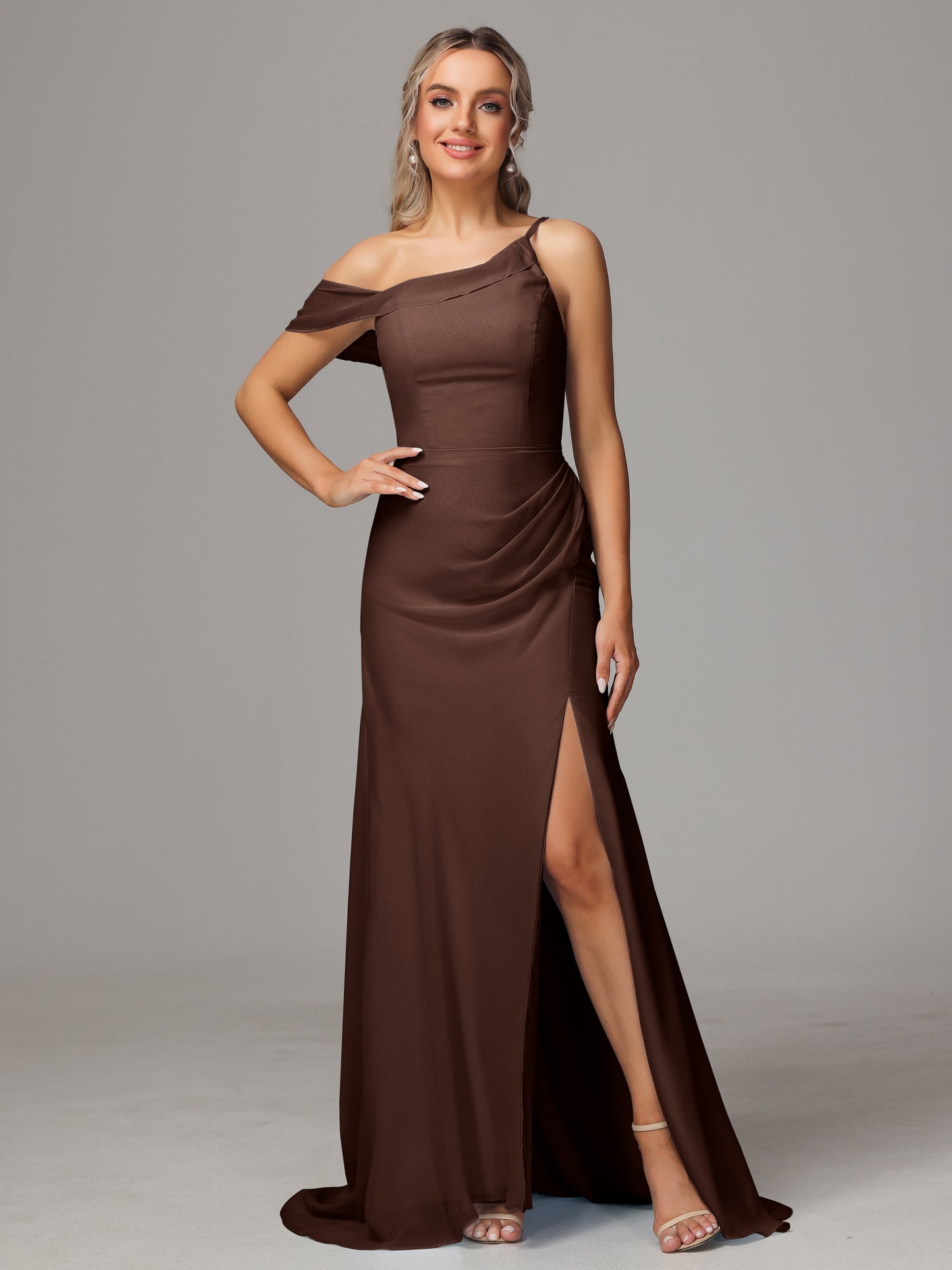 Sheath One Shoulder with Slit Chiffon Bridesmaid Dress