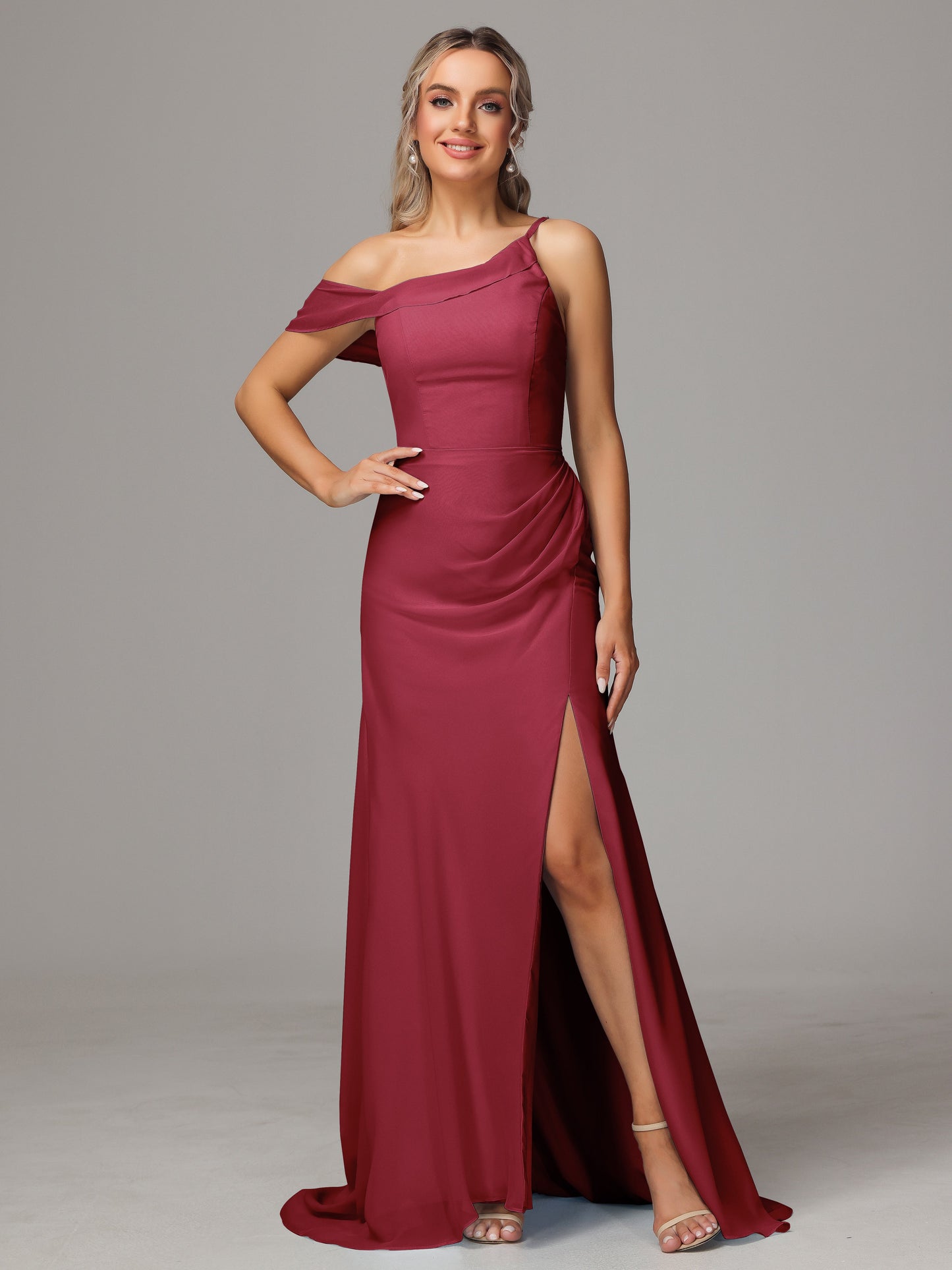 Sheath One Shoulder with Slit Chiffon Bridesmaid Dress