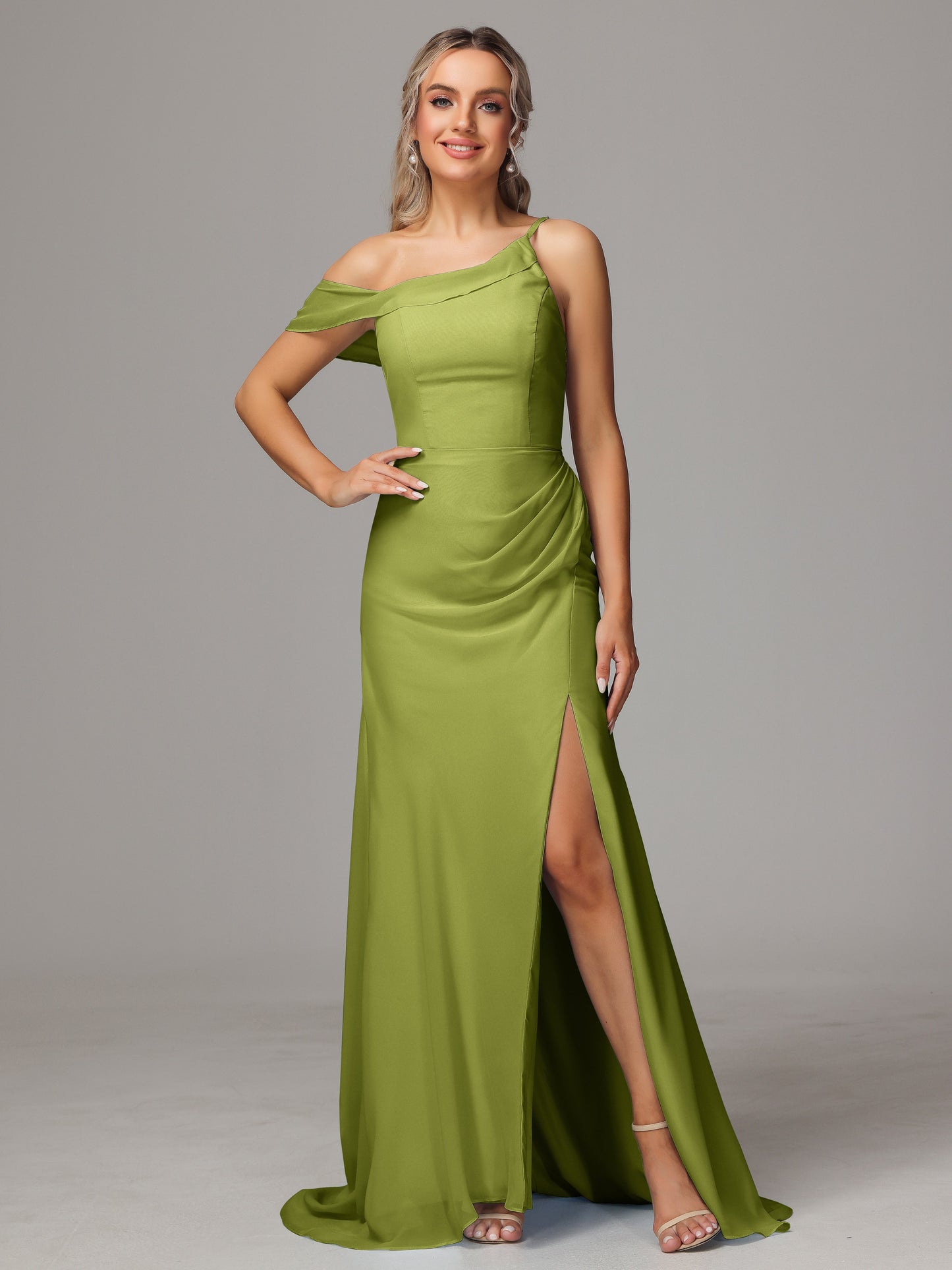 Sheath One Shoulder with Slit Chiffon Bridesmaid Dress