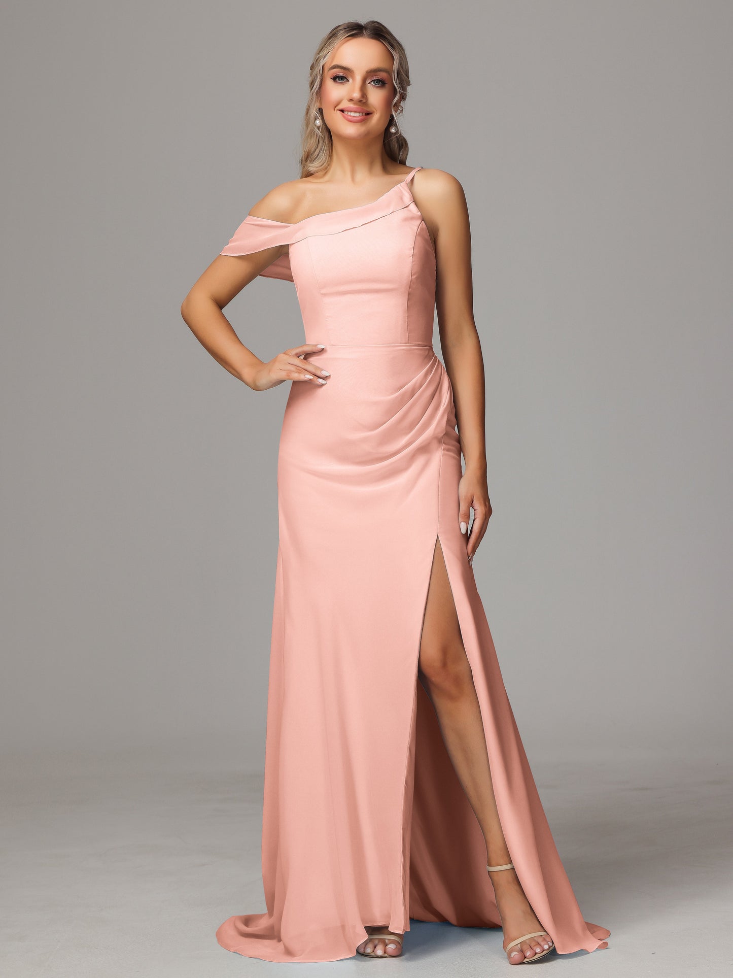 Sheath One Shoulder with Slit Chiffon Bridesmaid Dress
