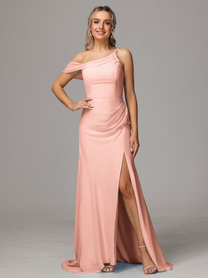 Sheath One Shoulder with Slit Chiffon Bridesmaid Dress