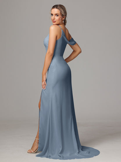 Sheath One Shoulder with Slit Chiffon Bridesmaid Dress