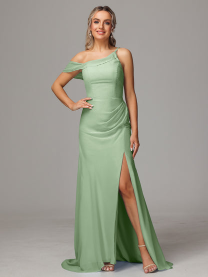 Sheath One Shoulder with Slit Chiffon Bridesmaid Dress