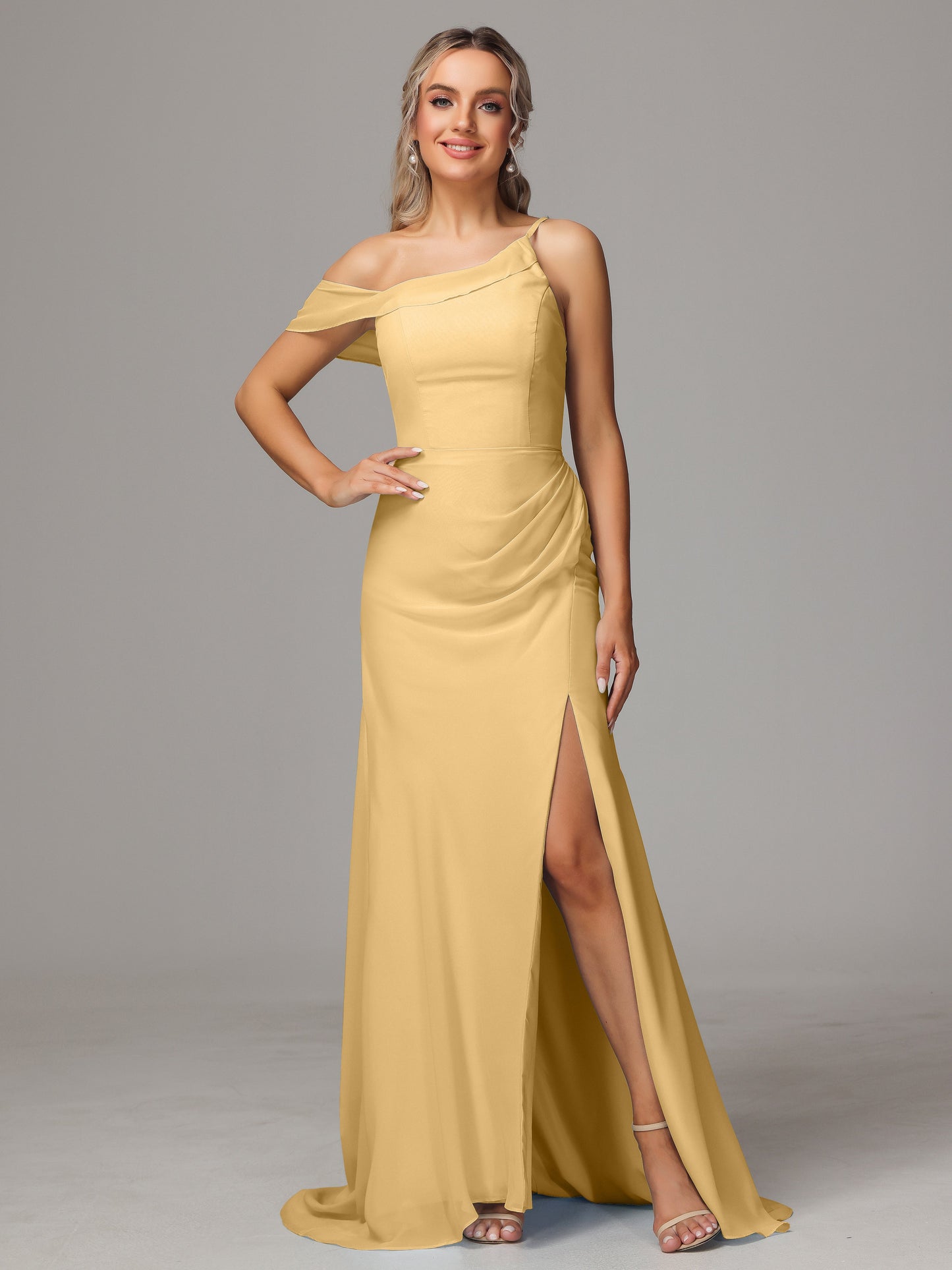 Sheath One Shoulder with Slit Chiffon Bridesmaid Dress
